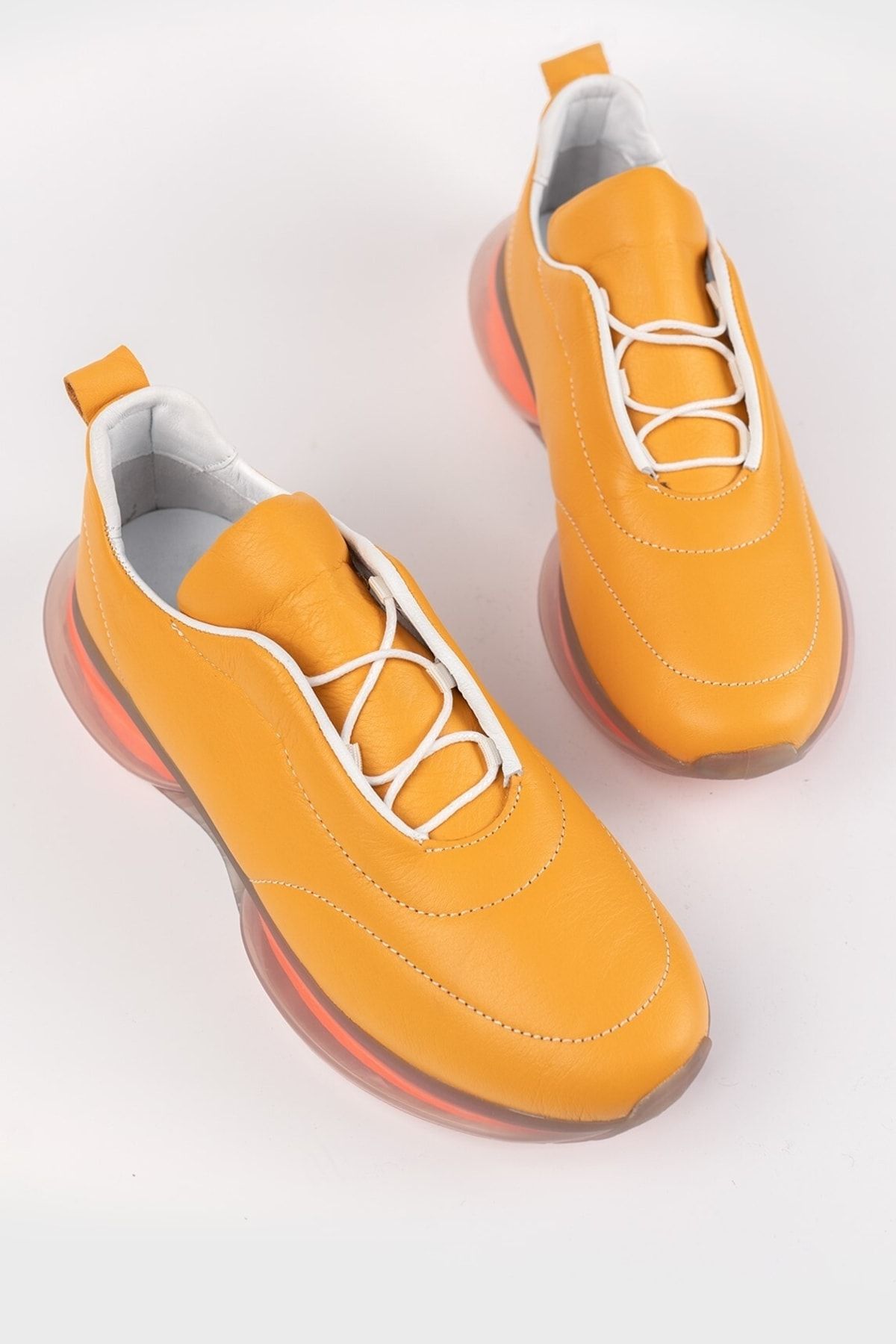 TUNAELLİ Kadın Sarı Hakiki Doğal Deri Sneaker Ayakkabı