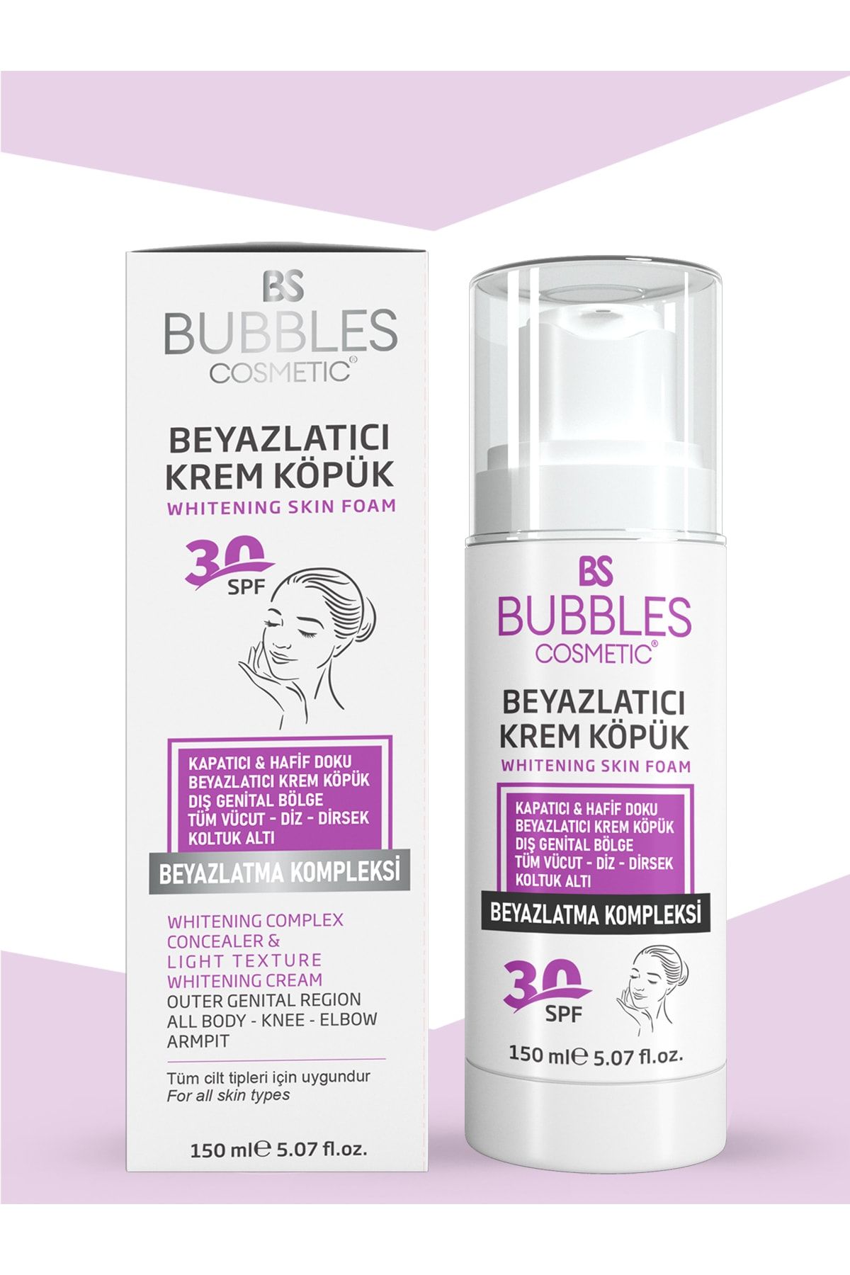 bs bubbles cosmetic Beyazlatıcı Krem Köpük , Cilt, Tüm Vücut Ve Genital Bölge Beyazlatıcı Ve Leke Kremi, 30spf 150ml
