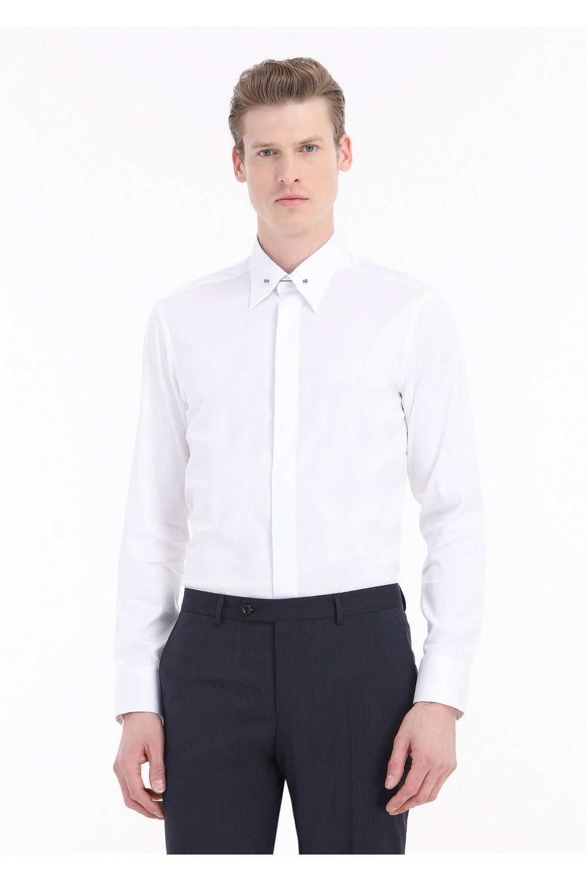 Ramsey Beyaz Düz Slim Fit Dokuma Klasik Pamuk Karışımlı Gömlek