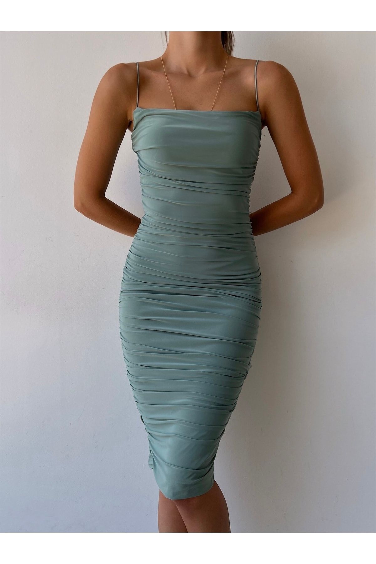 Mooi Butik Misscix Ip Askılı Büzgülü Likra Kumaş Kadın Mint Kalem Elbise - Abiye & Mezuniyet Elbisesi
