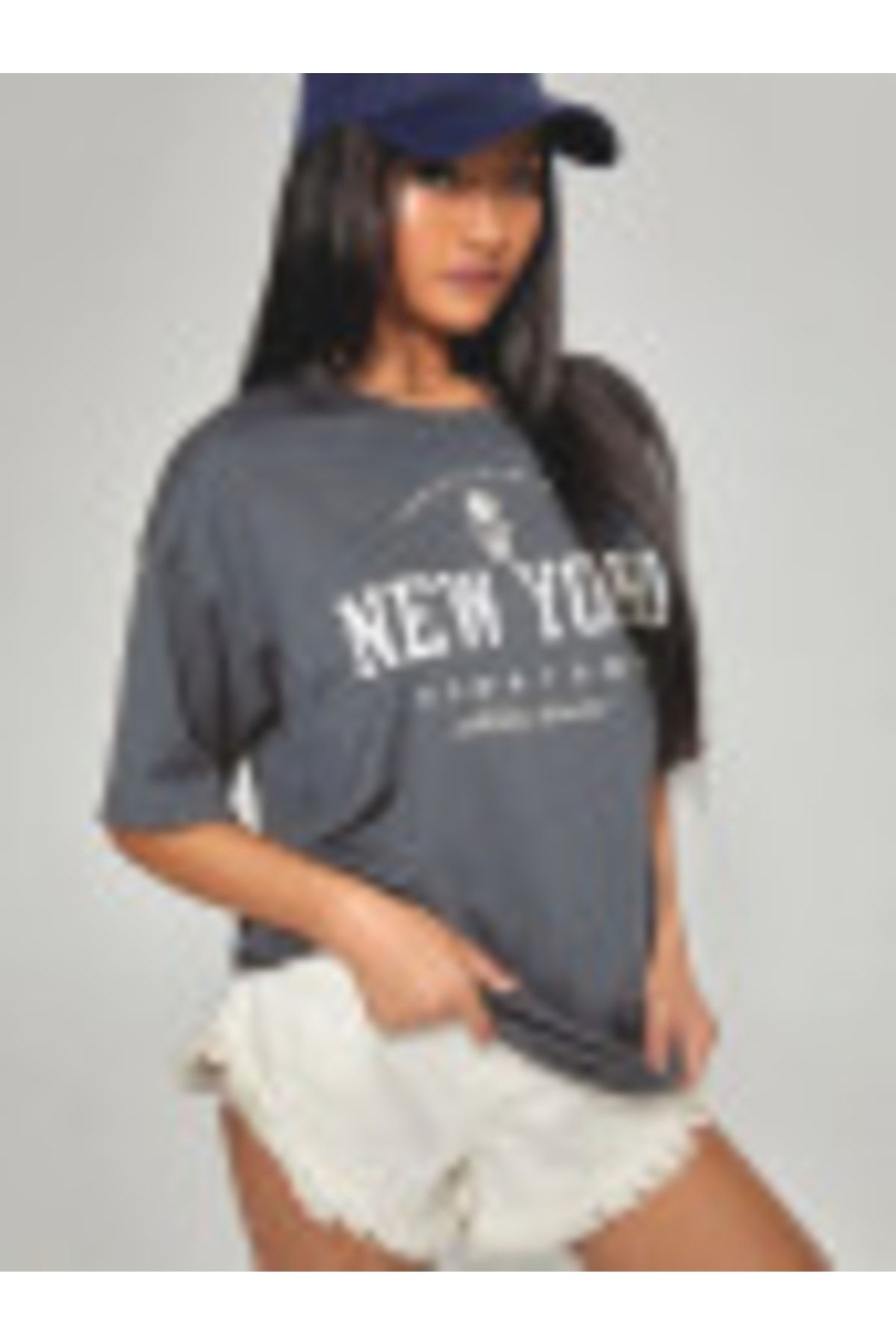 Sirius Tekstil Kadın Antrasit New York Oversize Baskılı T-shirt