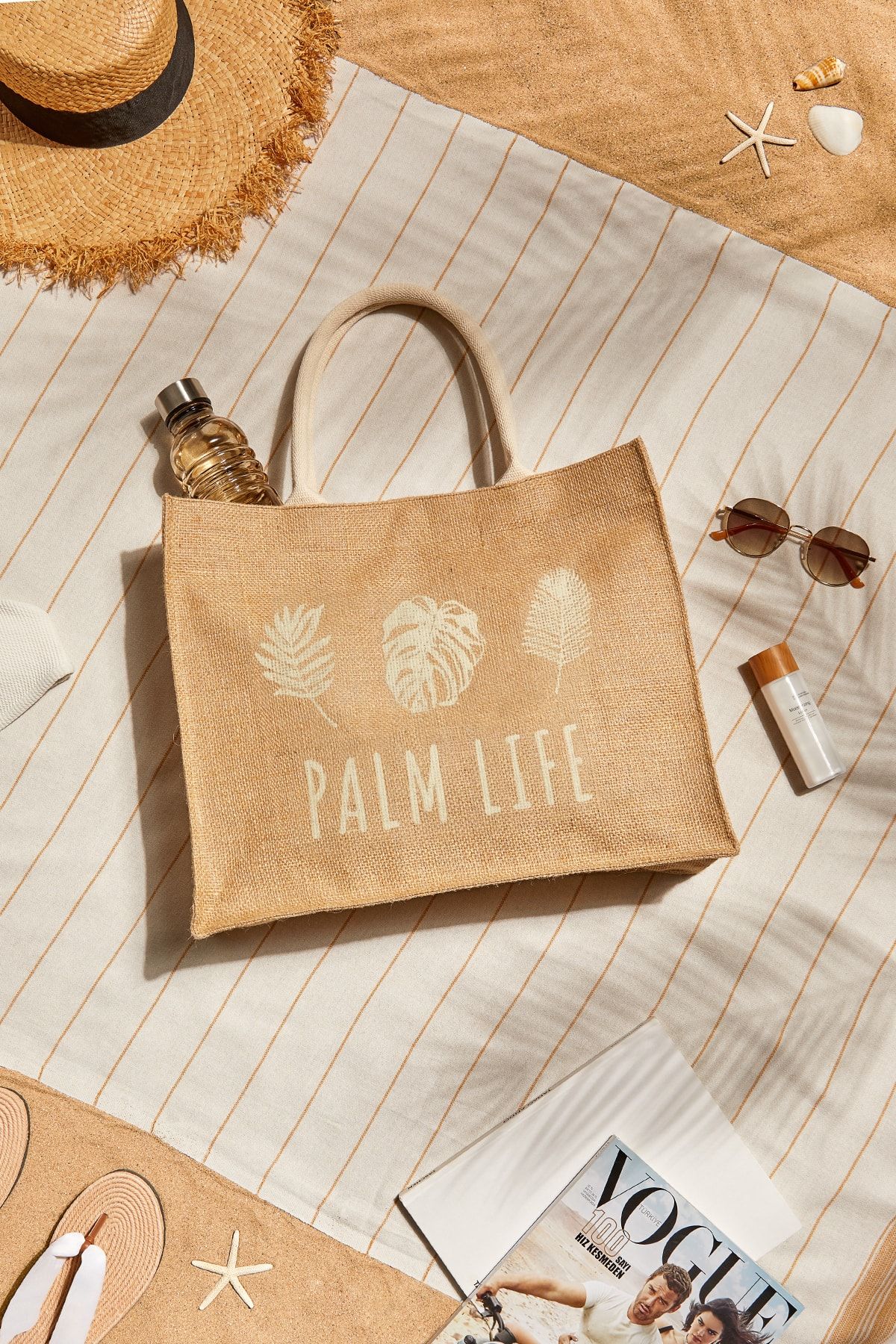 Ocean Home Textile Palm Life Baskılı Hasır Renkli Naturel Jüt Alışveriş, Omuz, Kol, Deniz Plaj Çantası 42x12x35