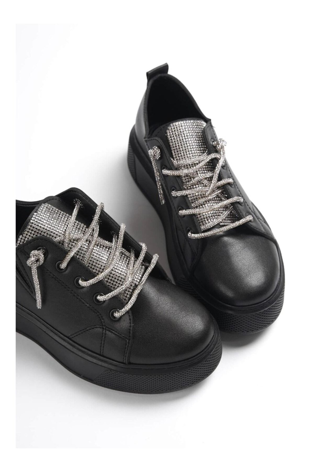 StWenn Lekya Ayakkabı Kadın Taşlı Siyah Sneaker Yüksek Taban Bağcıklı Taş Detaylı Spor Ayakkabı Full Siyah