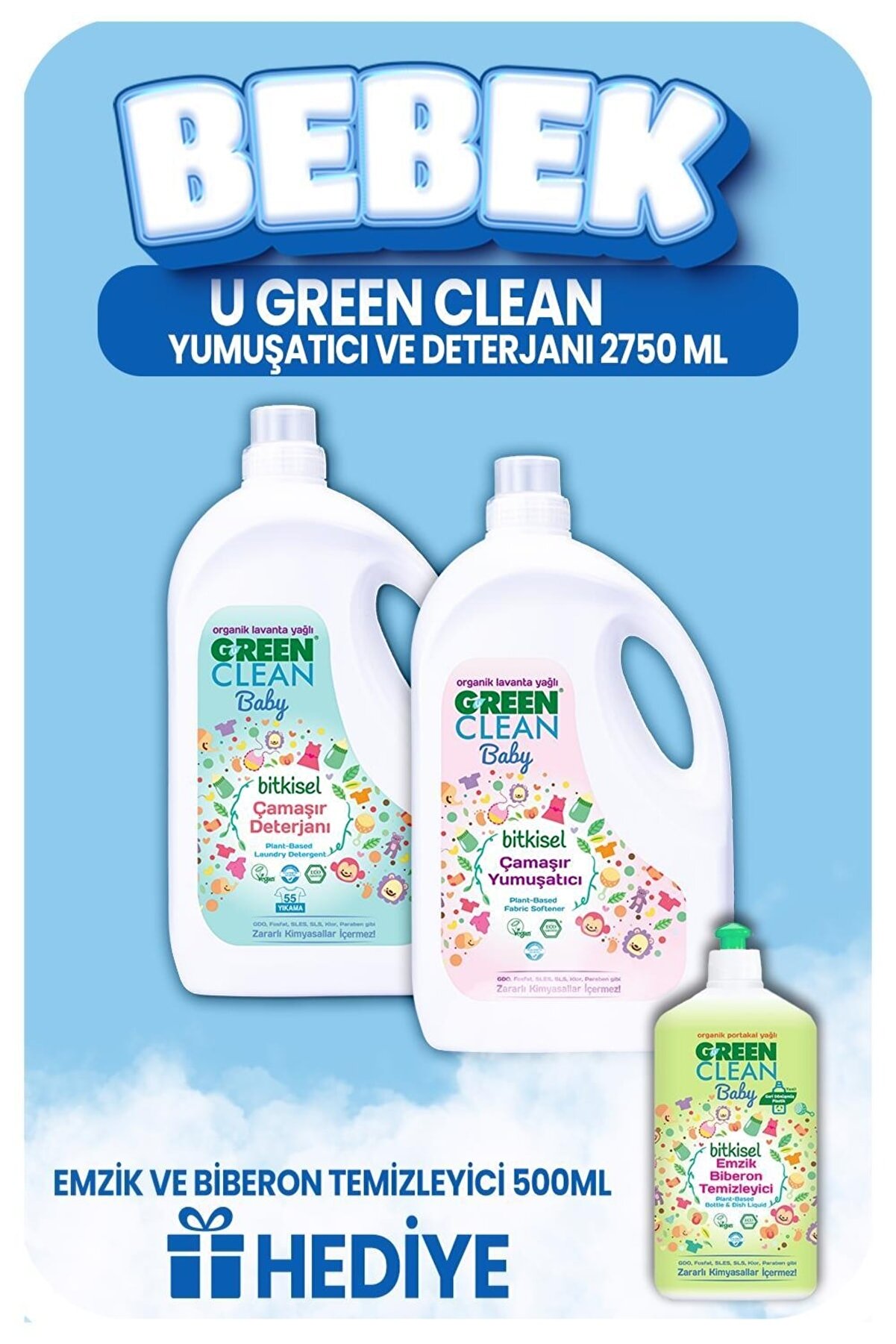 Green Clean Bebek Çamaşır Deterjanı Ve Yumuşatıcı 2750 Ml, Emzik Temizleyici Hediye