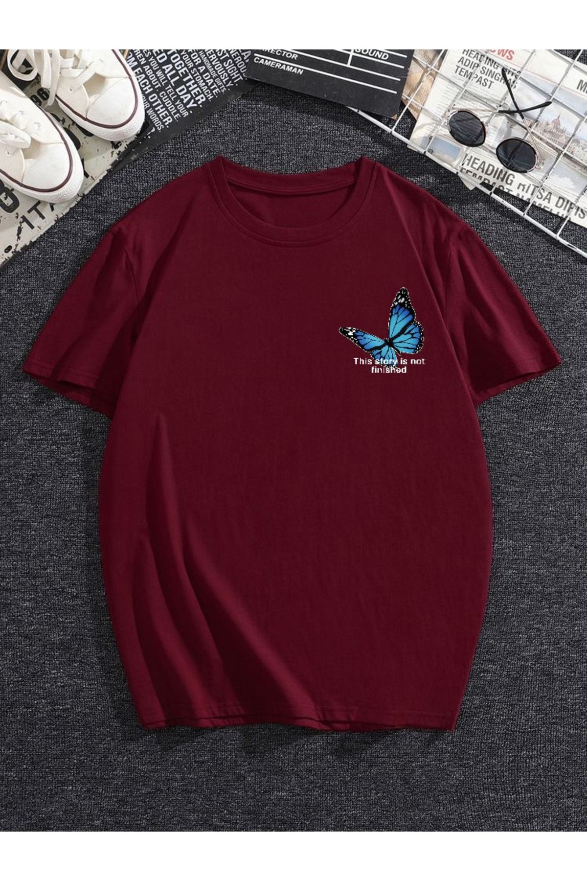 Doğannboss Kadın Bordo Oversize Kelebek Ön Baskılı T-shirt