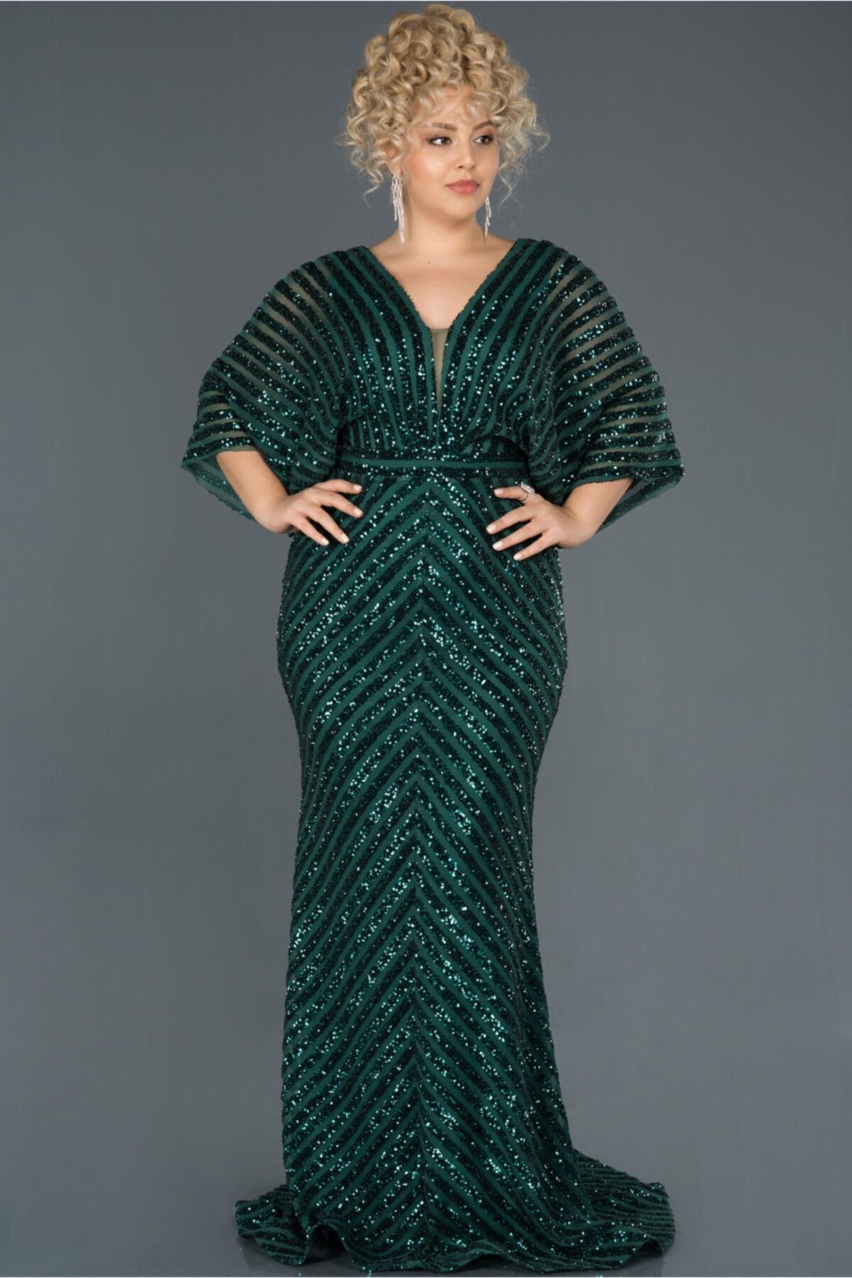 Abiyefon Kadın  Yeşil Uzun Pul Payet Büyük Beden Abiye Elbise Abu900