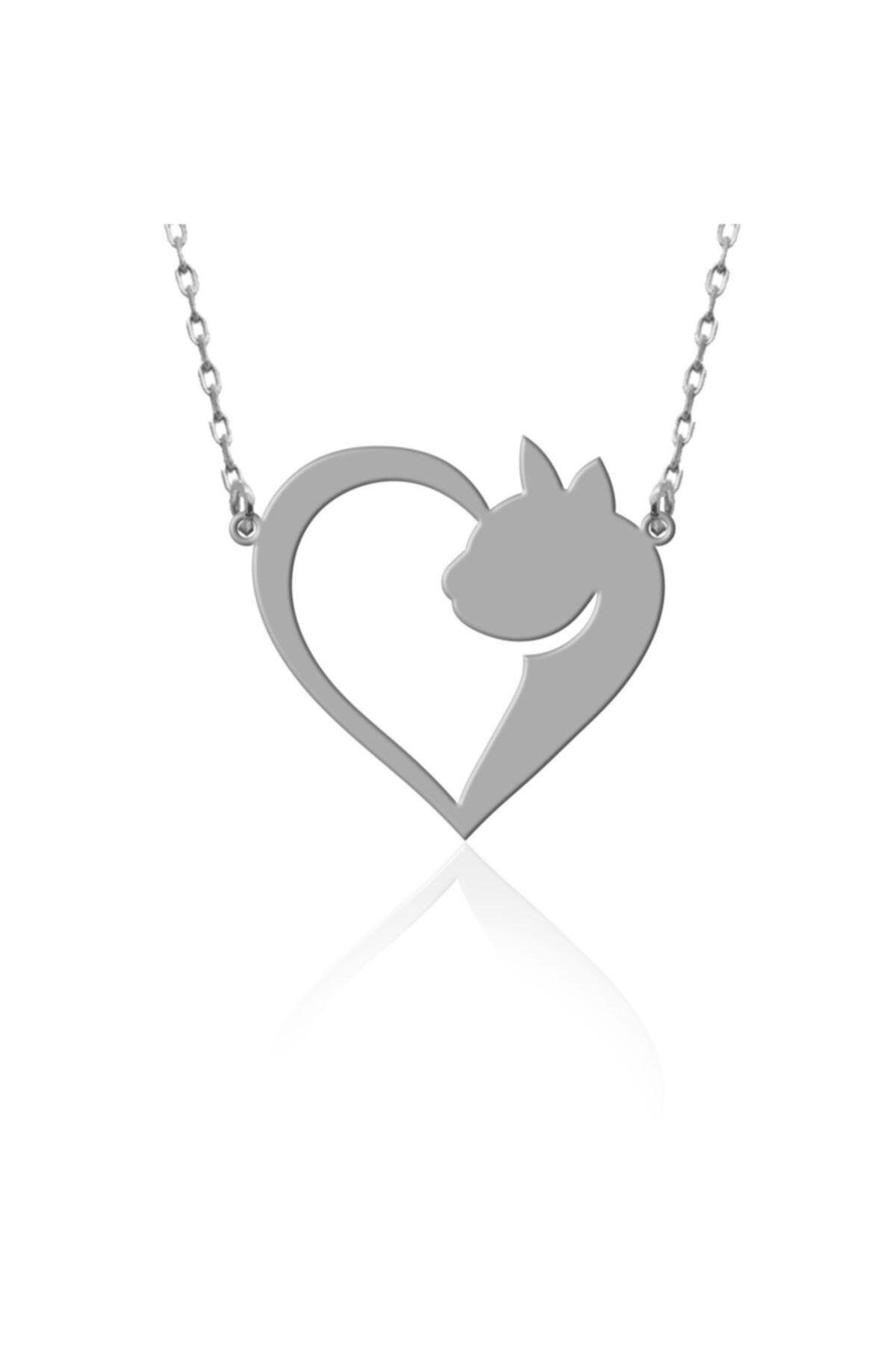Vertigo Takı Kadın Beyaz Kedili Kalp Gümüş Kolye