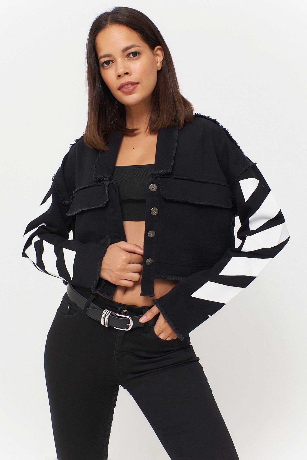 Cool & Sexy Kadın Siyah Kol Şeritli Crop Ceket İS665 İS665