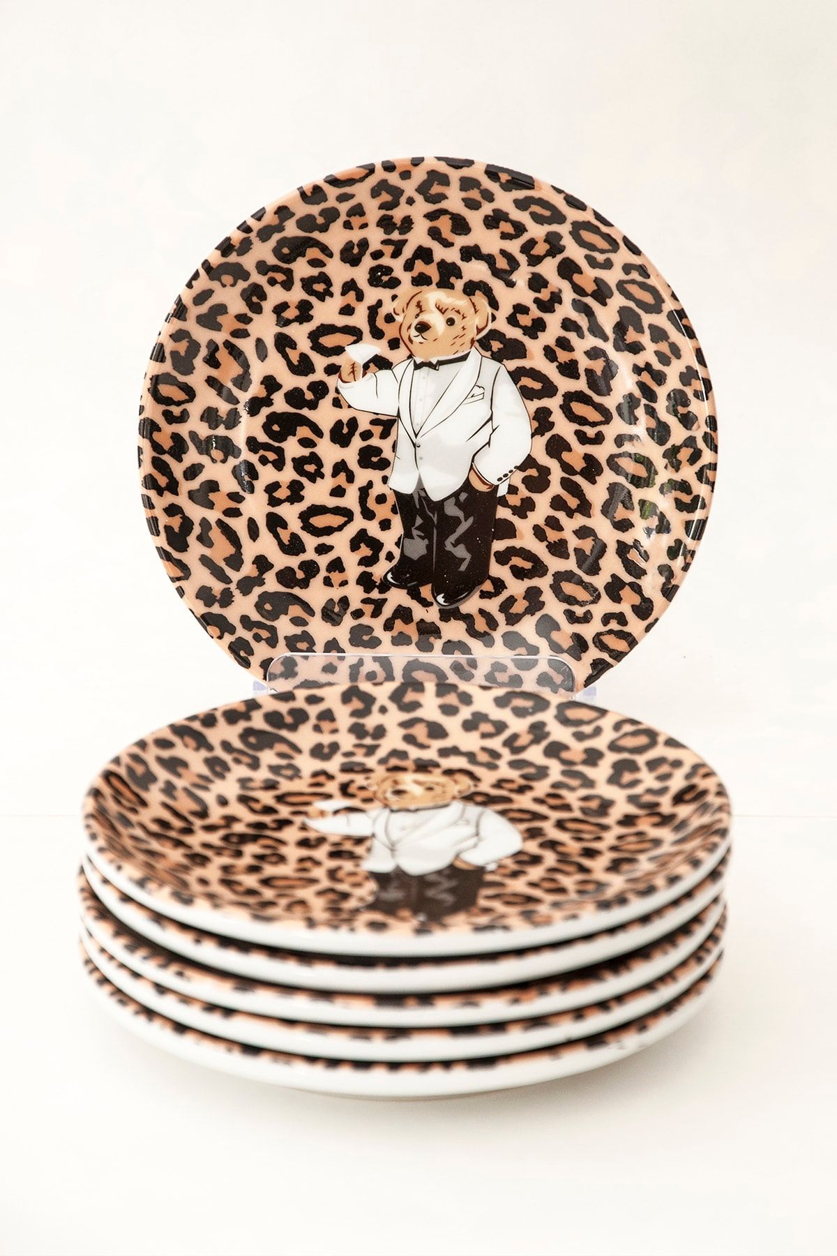 Bursa Porselen Dekor Teddy Bear Leopar Desen Pasta Tabağı 21 Cm 6 Adet