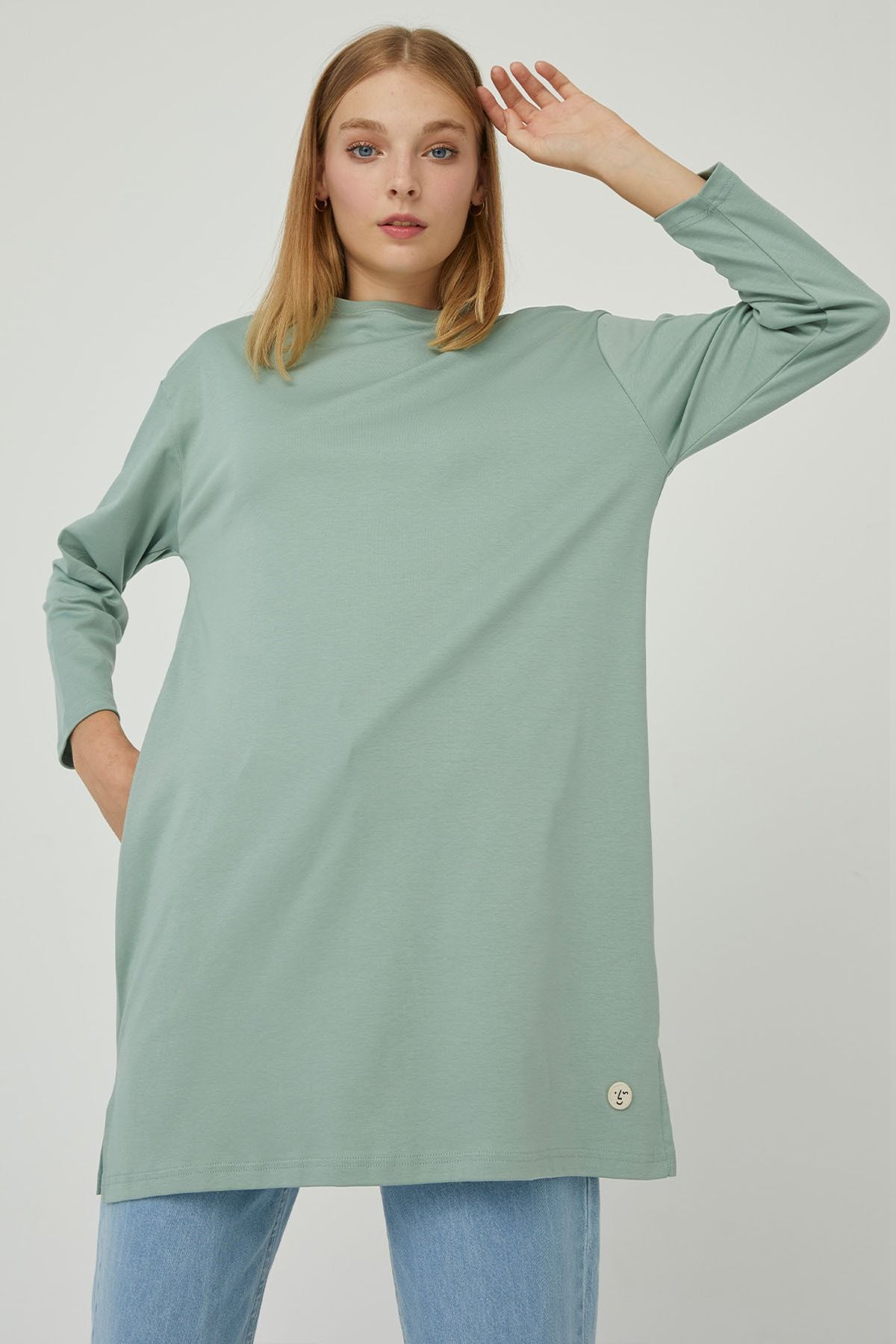 Hooopstore Kadın Mint Yeşili Peru Pamuk Uzun Kol Basic Sweatshirt