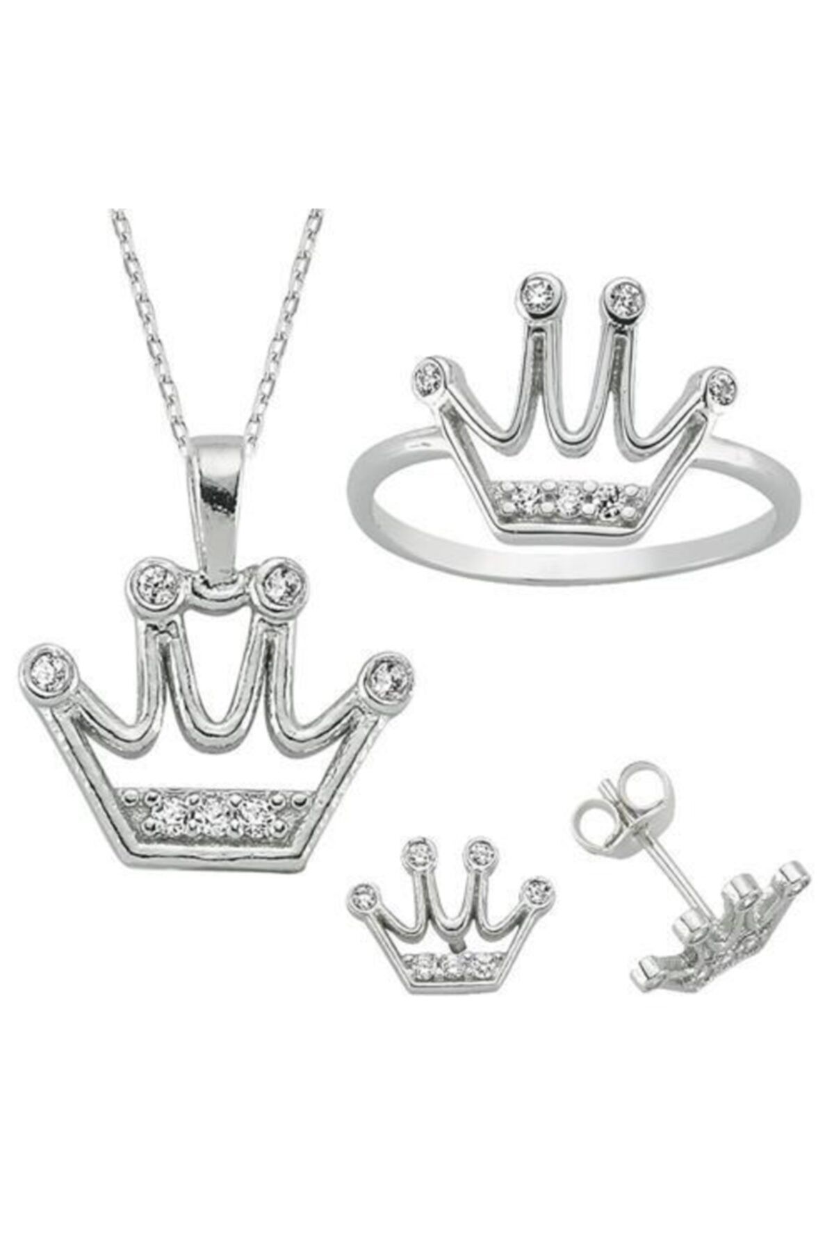 Takı Dükkanı Kral Tacı Taşlı Kolye Küpe Yüzük Bayan Üçlü Gümüş Set yst15