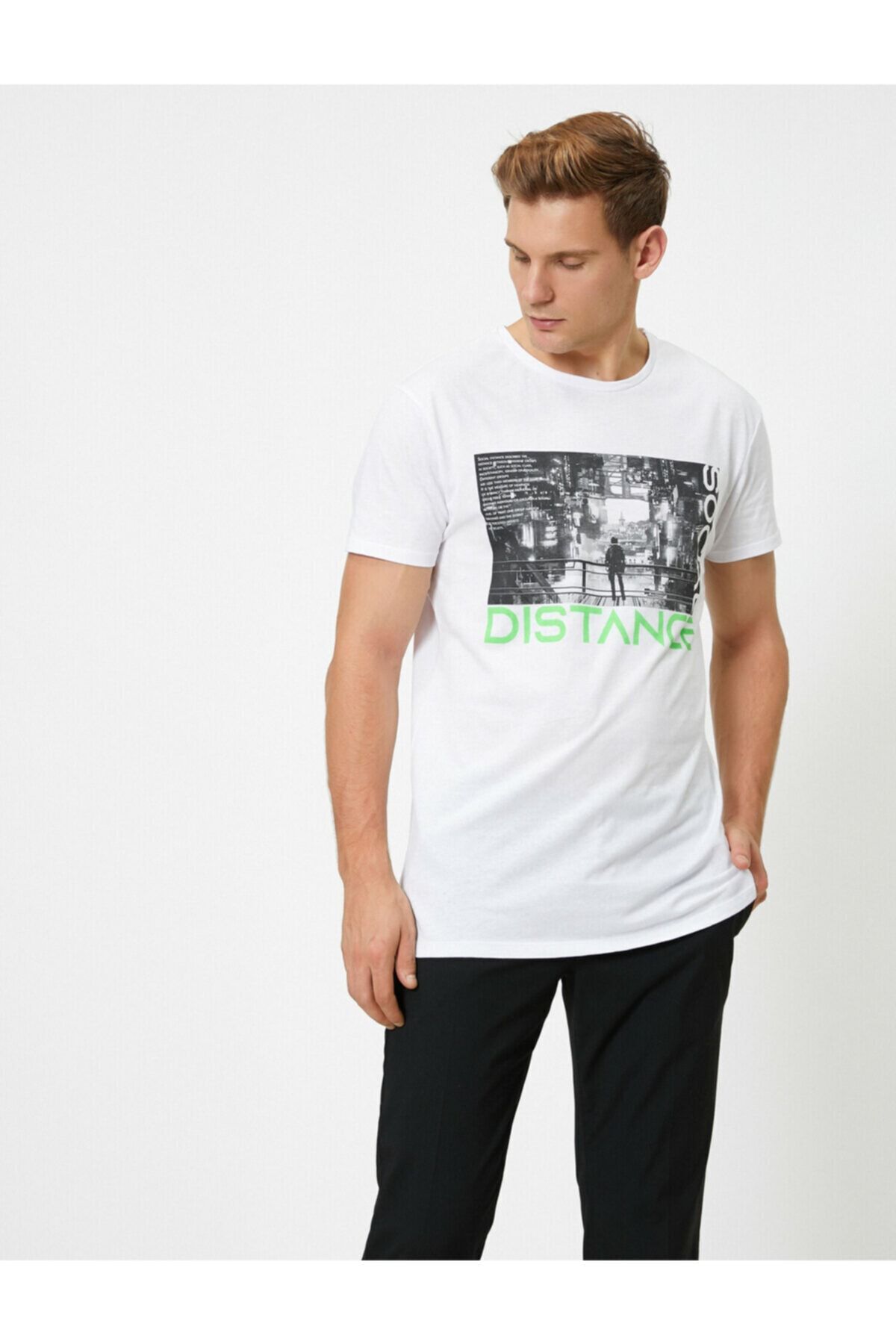 Koton Erkek Beyaz Baskılı Bisiklet Yaka T-shirt