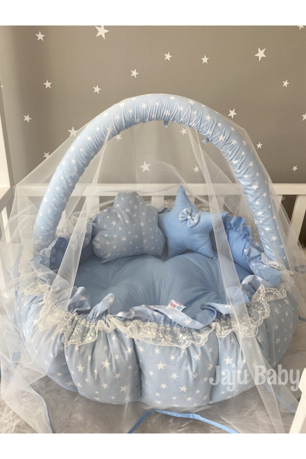 Jaju Baby Nest Mavi Yıldızlı Tasarım Oyun Minderi Jaju-babynest Anne Yanı Cibinlik Tül Aparat Set