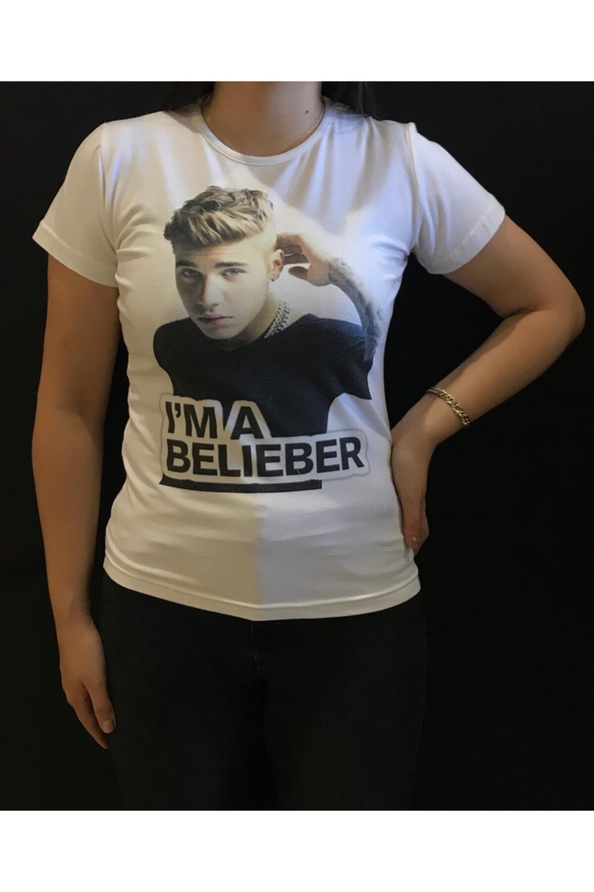 Panda Kadın Beyaz Justin Bieber Baskılı T-shirt