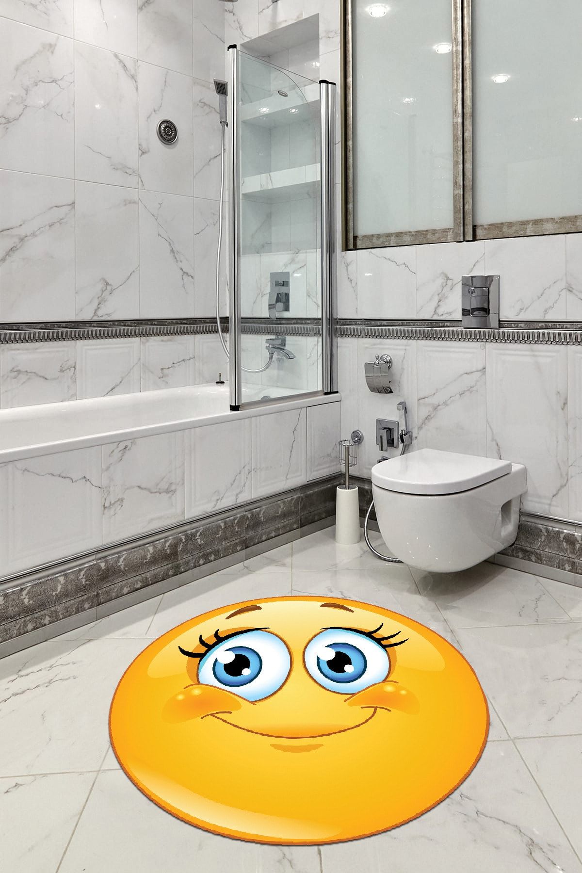 RugViva Gülen Yüz Smiley Kaymaz Tabanlı Banyo Paspası Daire 160 x 160 cm