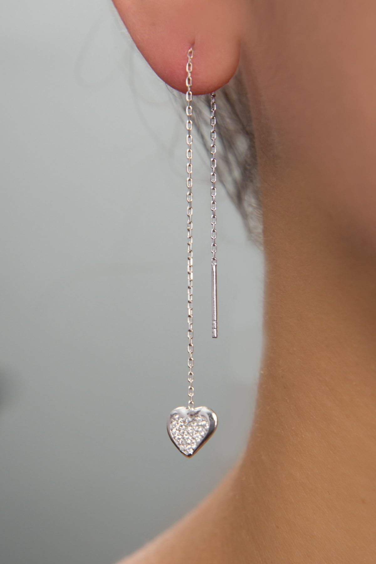 Elika Silver Kadın Taşlı Kalp Model Sallantılı 925 Ayar Gümüş Küpe