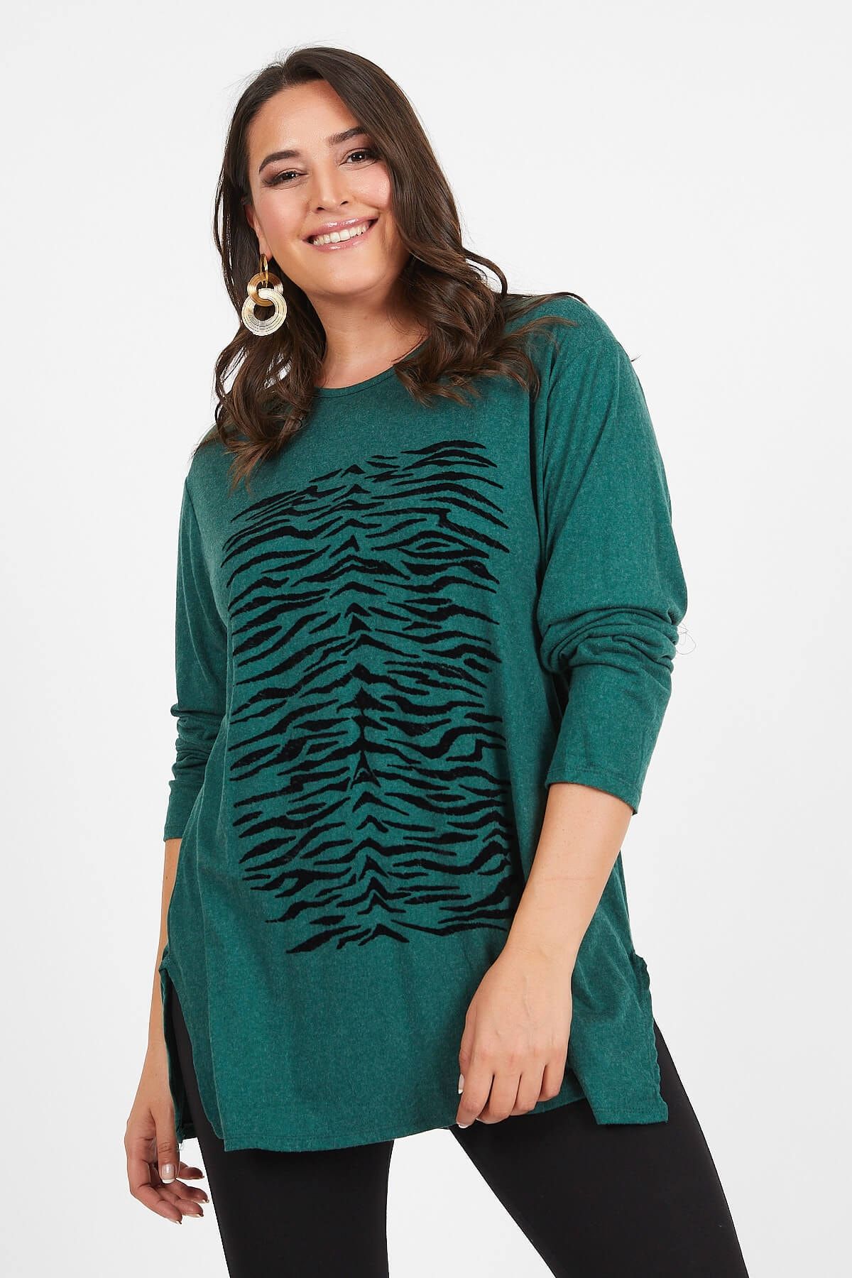 Siyezen Büyük Beden Yeşil Zebra Desenli Yumoş Bluz