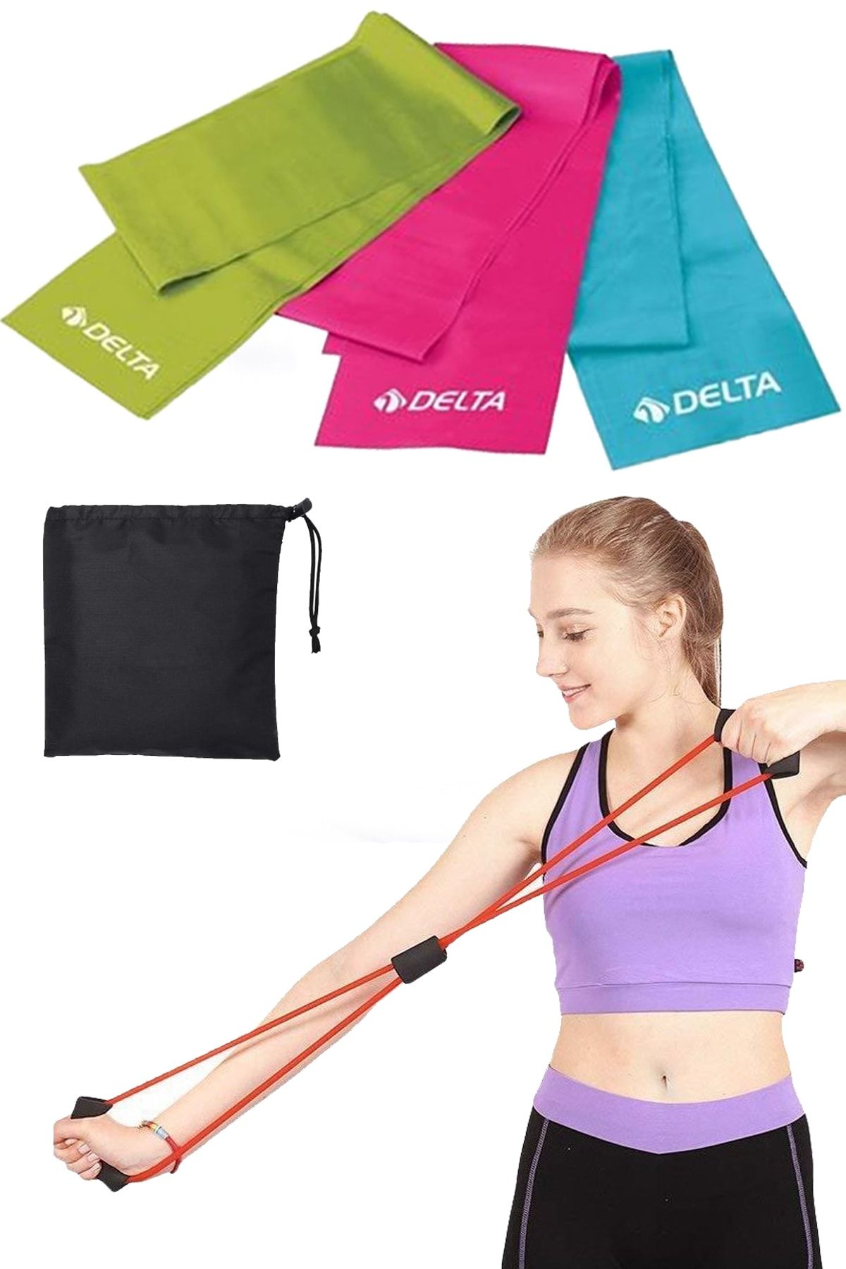 Delta Çantalı 3 Lü Pilates Bandı Lastiği 90x7.5 Cm + Tutamaçlı Egzersiz Tübülü Direnç Lastiği Seti