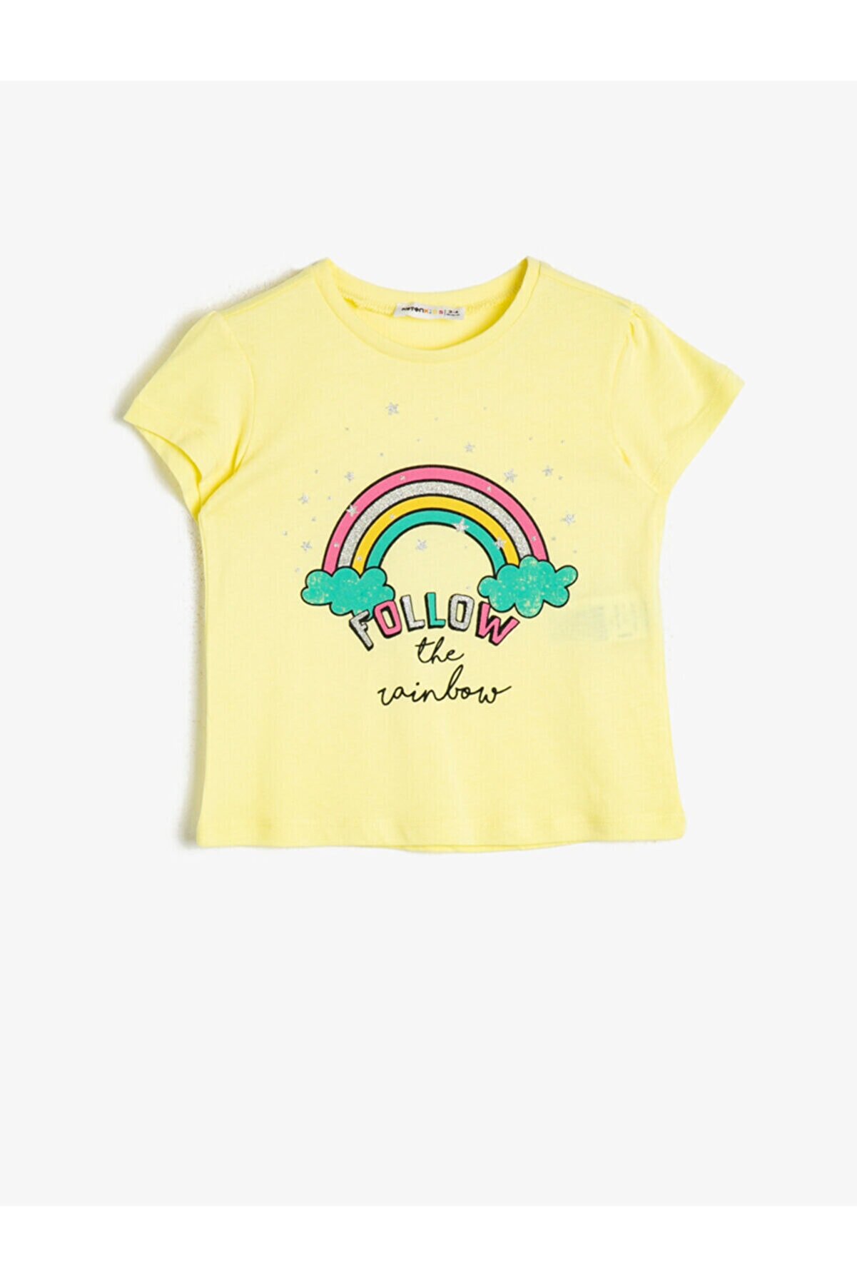 Koton Kız Çocuk Sarı Simli Baskılı Bisiklet Yaka Kısa Kollu T-Shirt