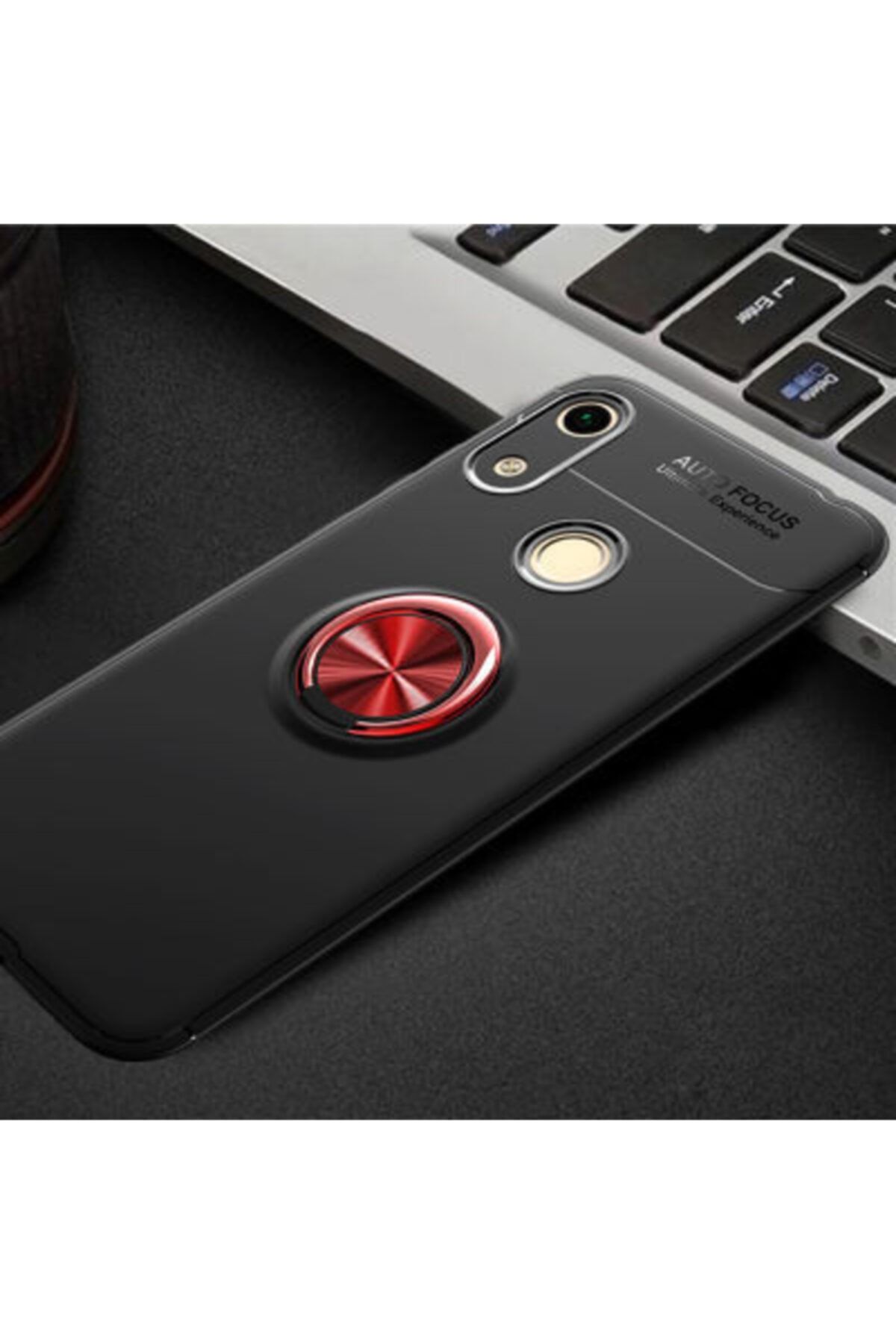 Gramaphone Huawei Y6 2019 Kılıf Yüzüklü Standlı Siyah Kırmızı Arka Kapak