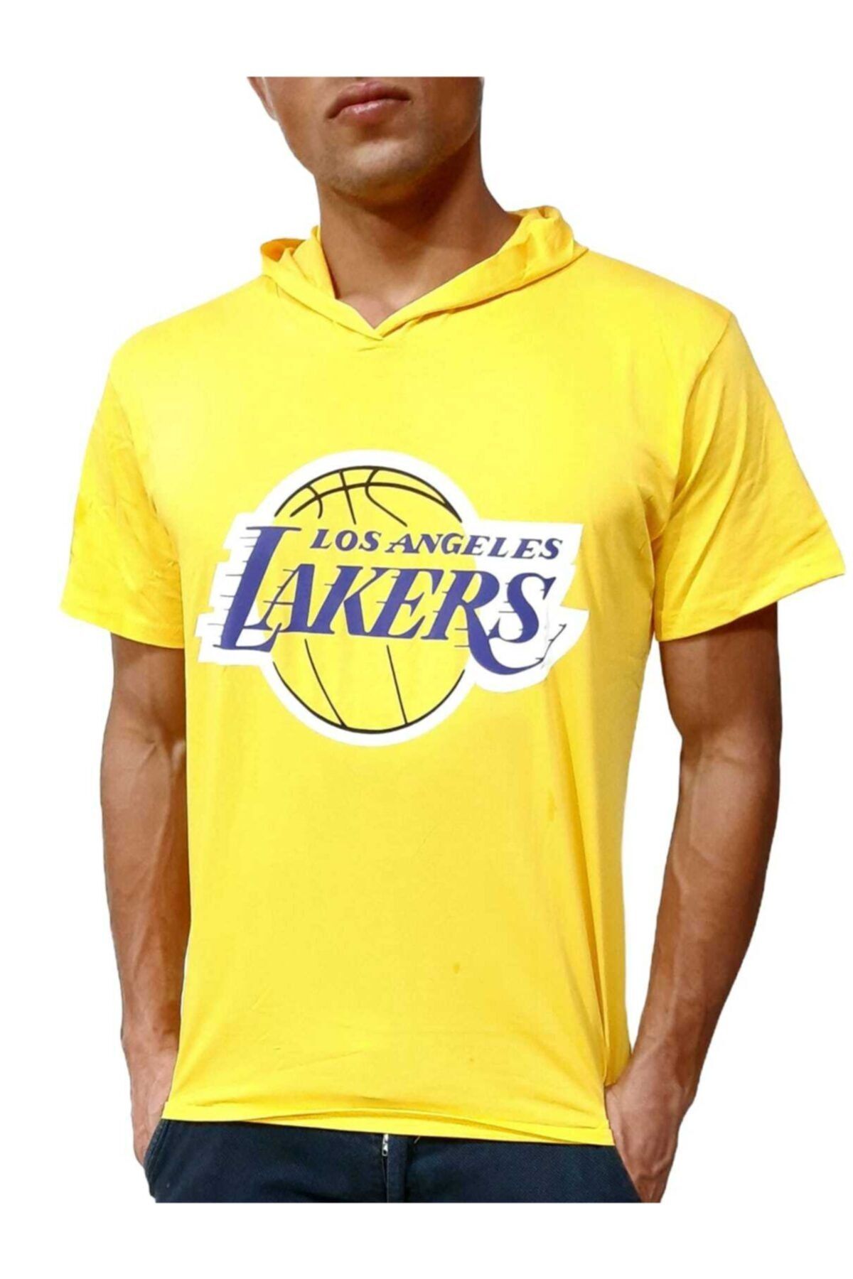 YOUWINNER Erkek Sarı Lakers Baskılı Kapüşonlu T-shirt