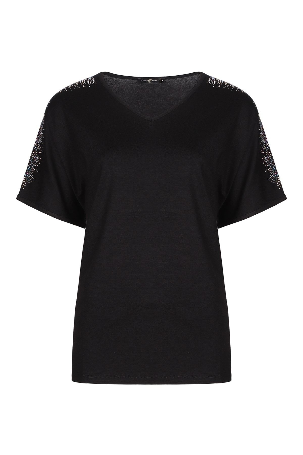 Butik Triko Kadın Siyah Omzu Renkli Taşlı Penye Bluz 3512
