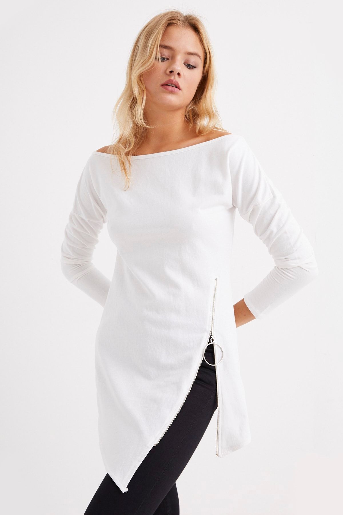 Cool & Sexy Kadın Beyaz Yandan Fermuarlı Kayık Yaka Elbise B157
