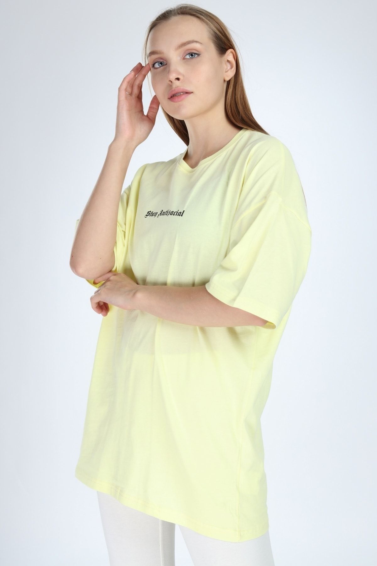 Millionaire Kadın Sarı Stay Antisocial Baskılı Oversize T-shirt