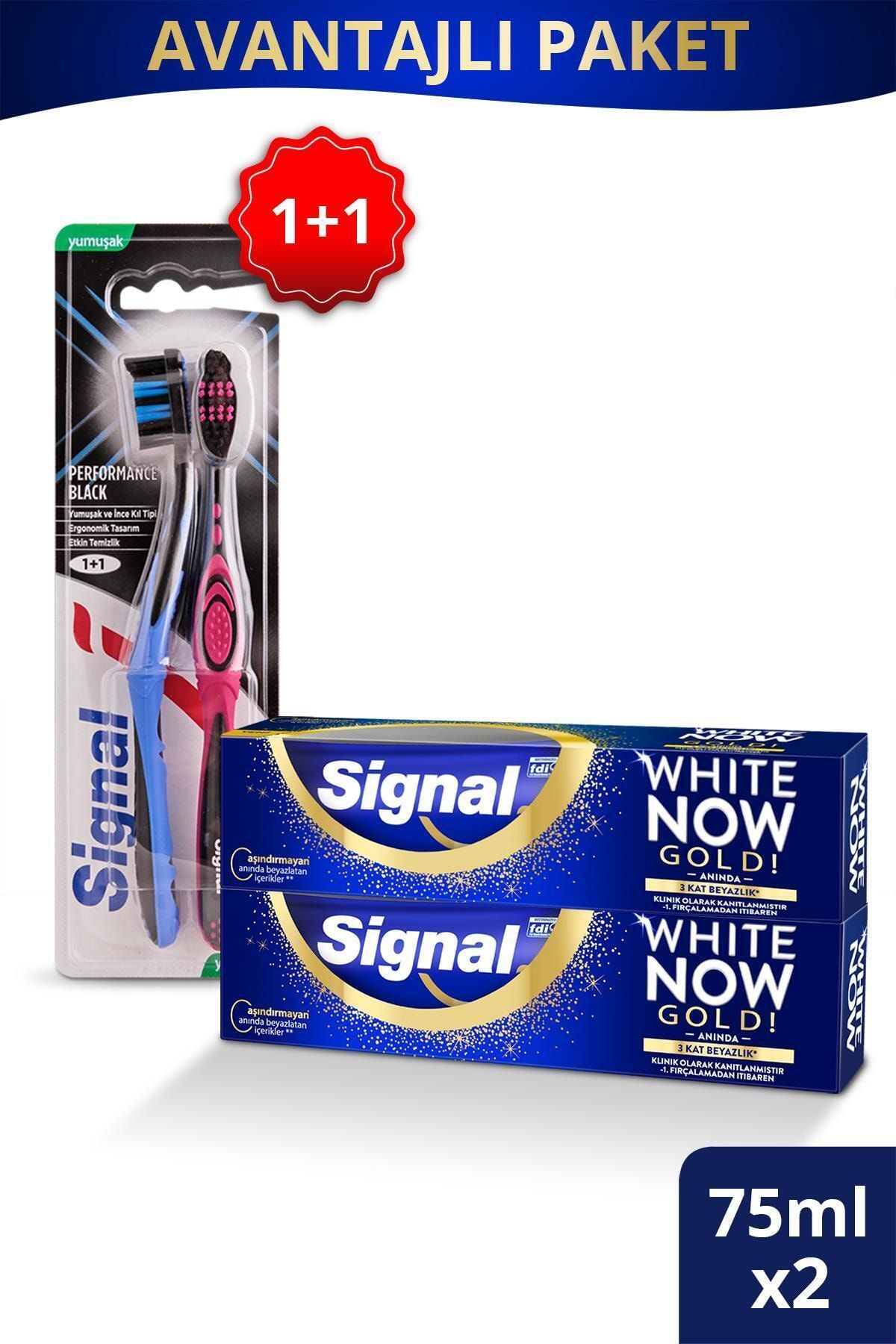 Signal White Now Gold Anında Beyazlık Diş Macunu 75 ml + Performance Black 1+1 Yumuşak Diş Fırçası