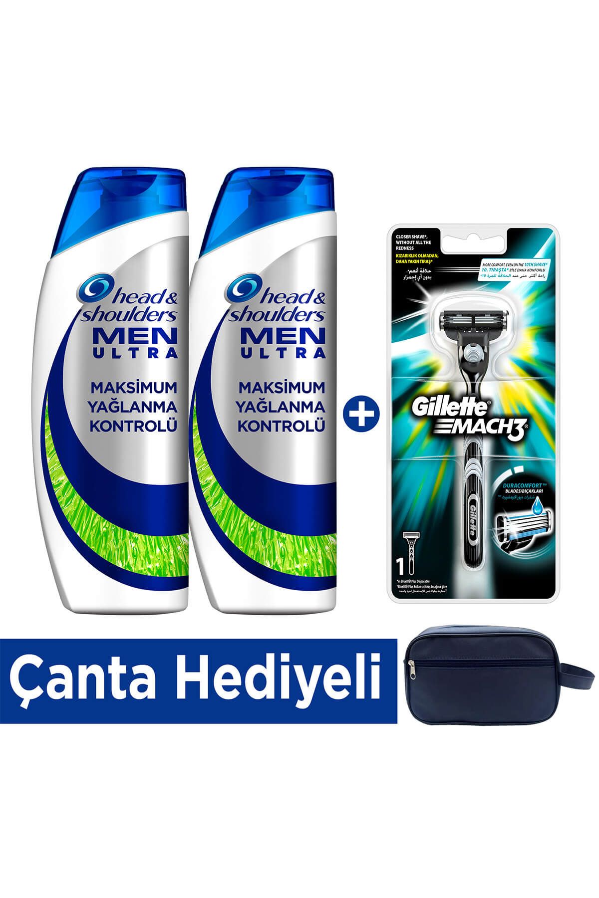 Gillette Ultra Maksimum Yağlanma Kontrolü Şampuan 2x500 ml + Mach3 Tıraş Makinesi (Çanta Hediyeli)