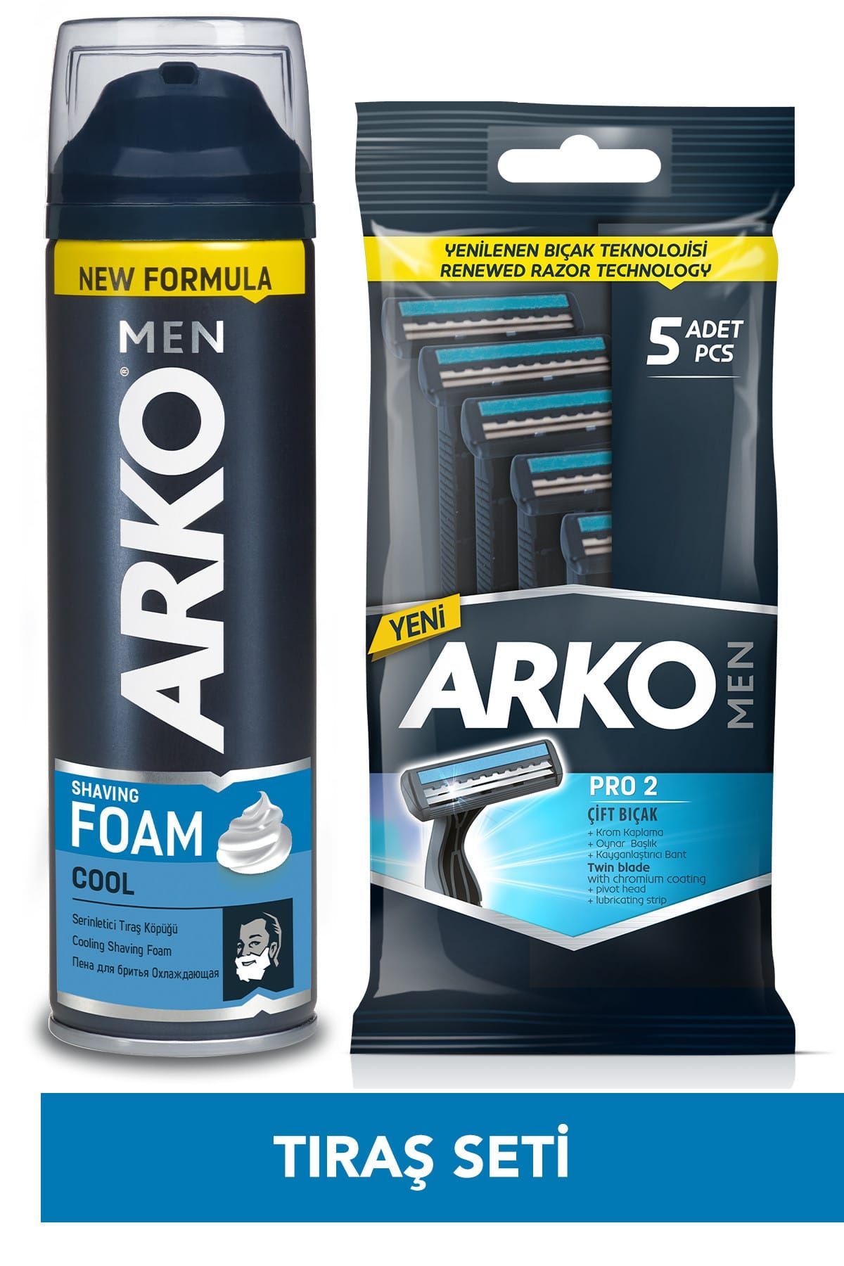 Arko Cool Tıraş Köpüğü 300 ml Alanat2 Pro Çift Bıçaklı Tıraş Bıçağı 5'Li Hediye
