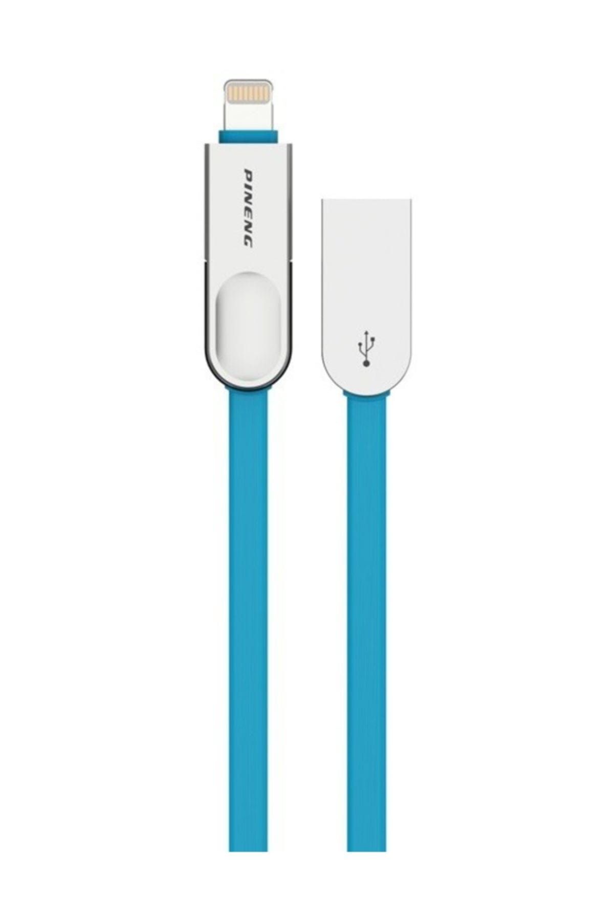Pineng PN-307 Yüksek Hızlı Lightning ve Micro USB Mavi Data Sarj Kablosu
