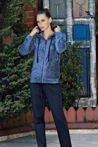 Şahinler Kadın Koyu Mavi Kapüşonlu Peluş Pijama Takımı Mbp23623-1
