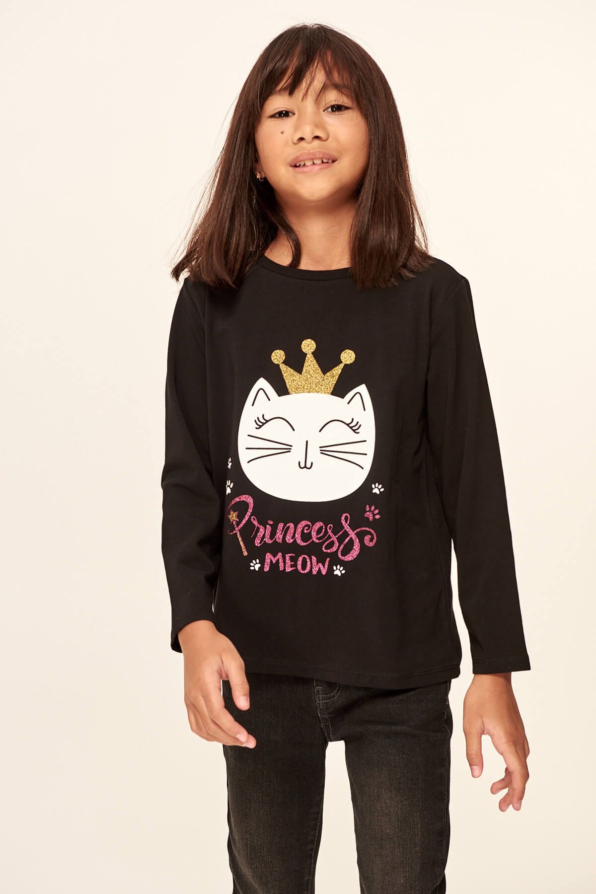TRENDYOLKIDS Siyah Princess Kedi Baskılı Uzun Kollu Kız Çocuk  T-shirt TKDAW19YN0159