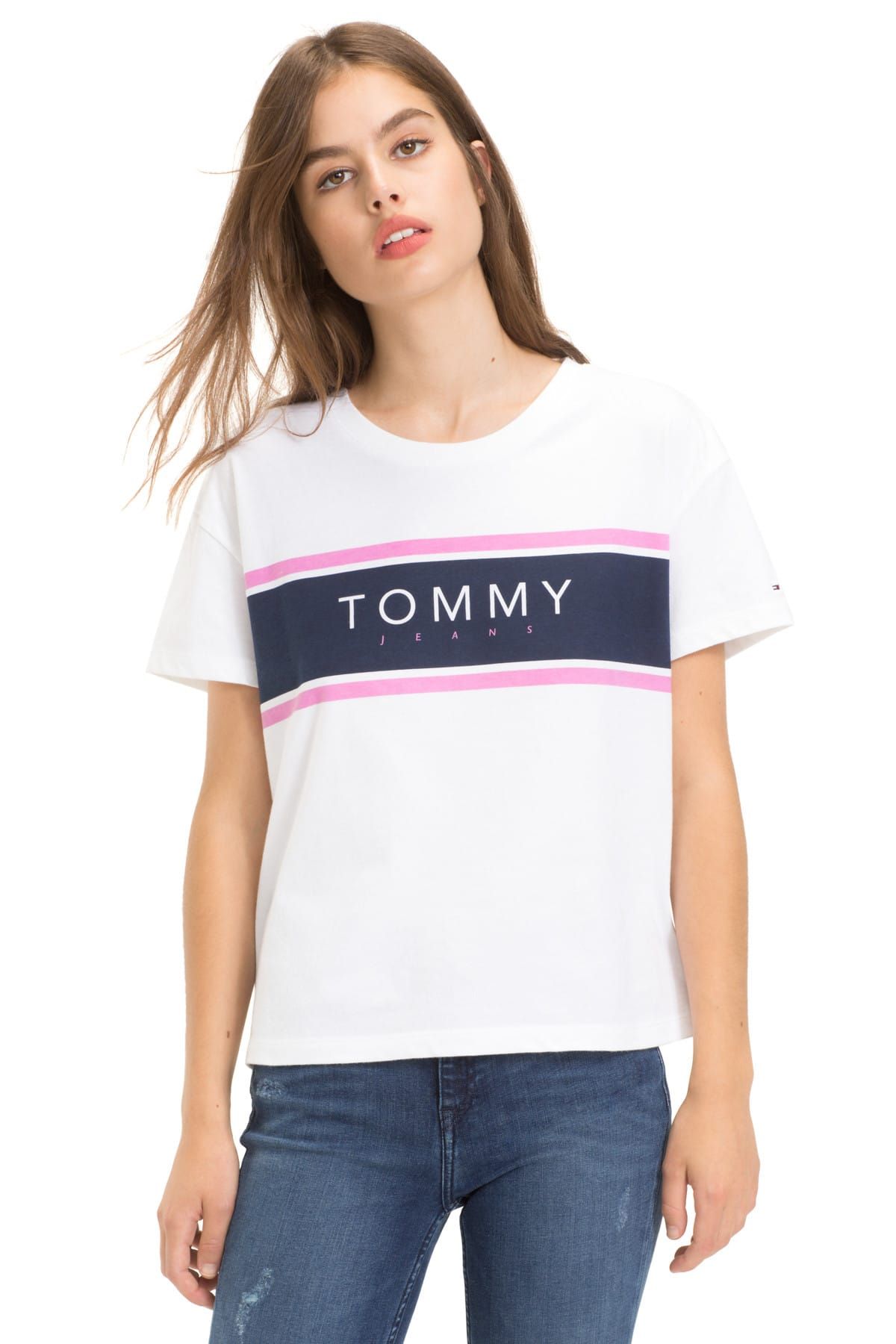 Tommy Hilfiger Kadın Stripe Logo T-Shirt DW0DW05708