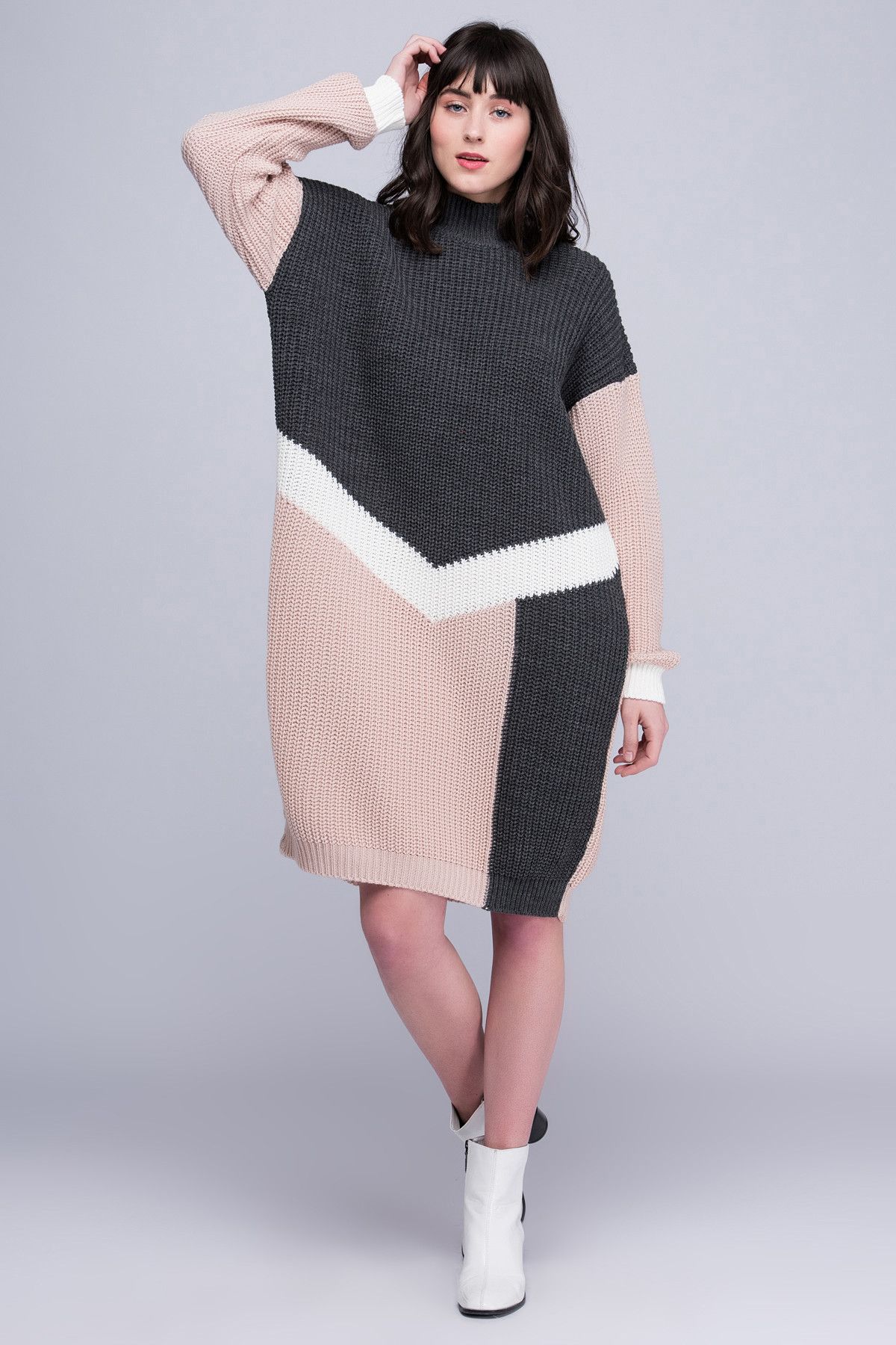 Boutiquen Kadın Renk Bloklu Oversize Triko Elbise E-110