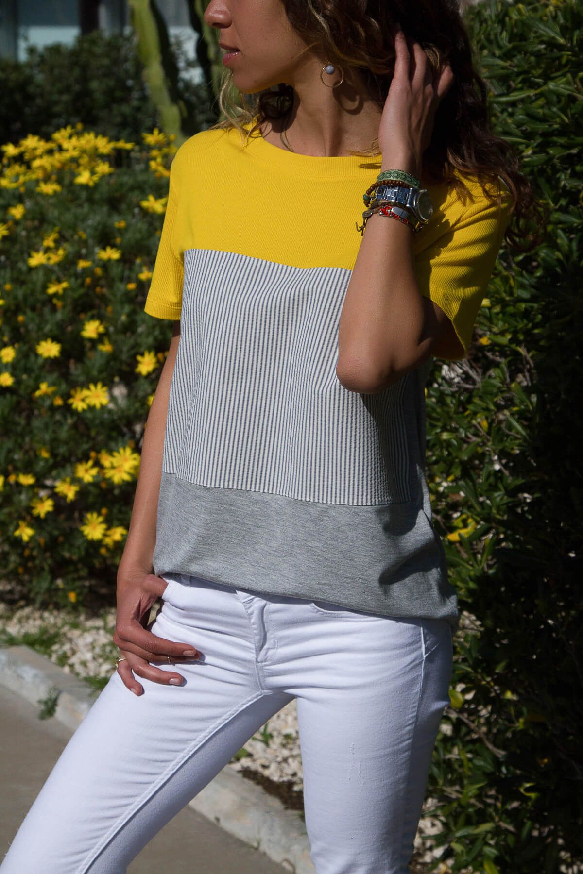 Trend Alaçatı Stili Kadın Sarı-Gri 3 Bloklu Bluz ALC-018-012