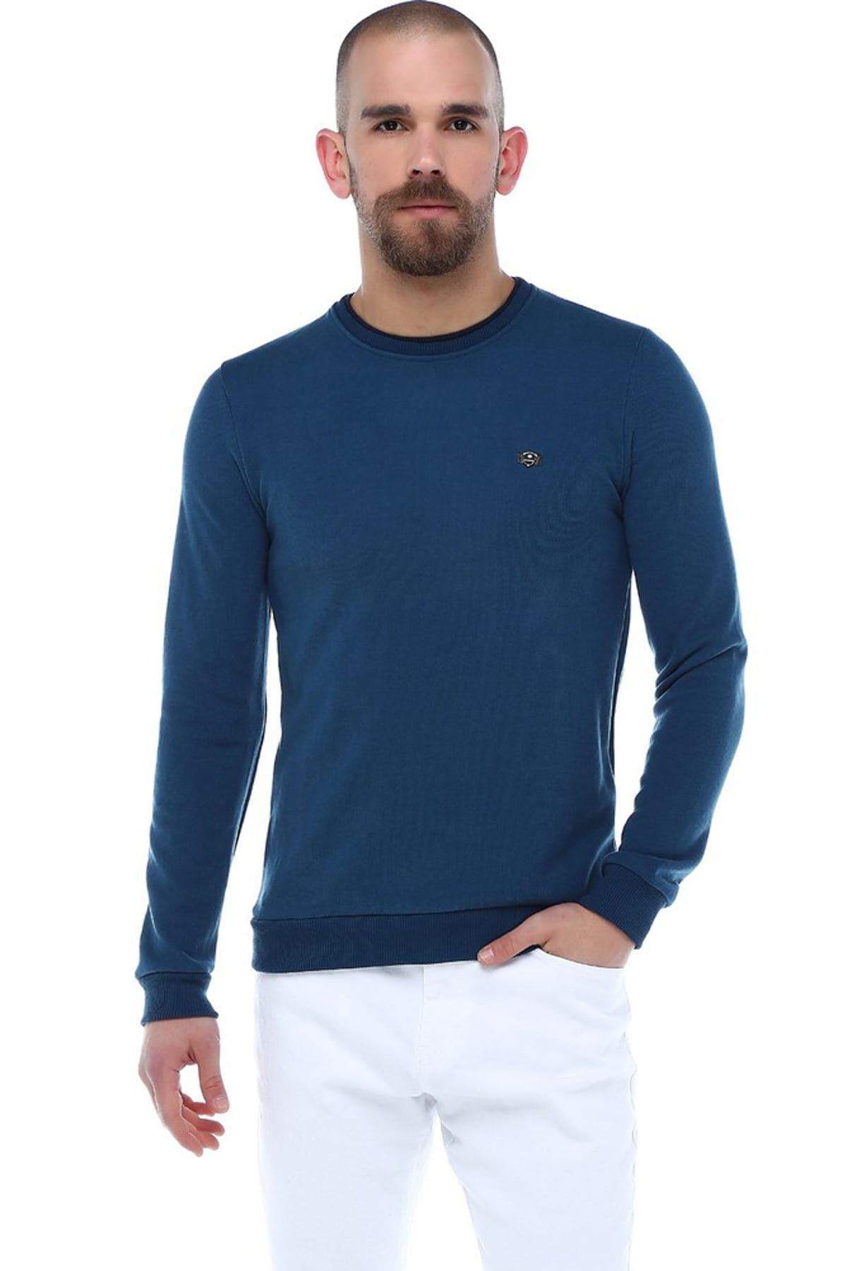 Diandor Sıfır Yaka Slim Fit Erkek Sweat Petrol Mavisi/Oil Blue 1725001