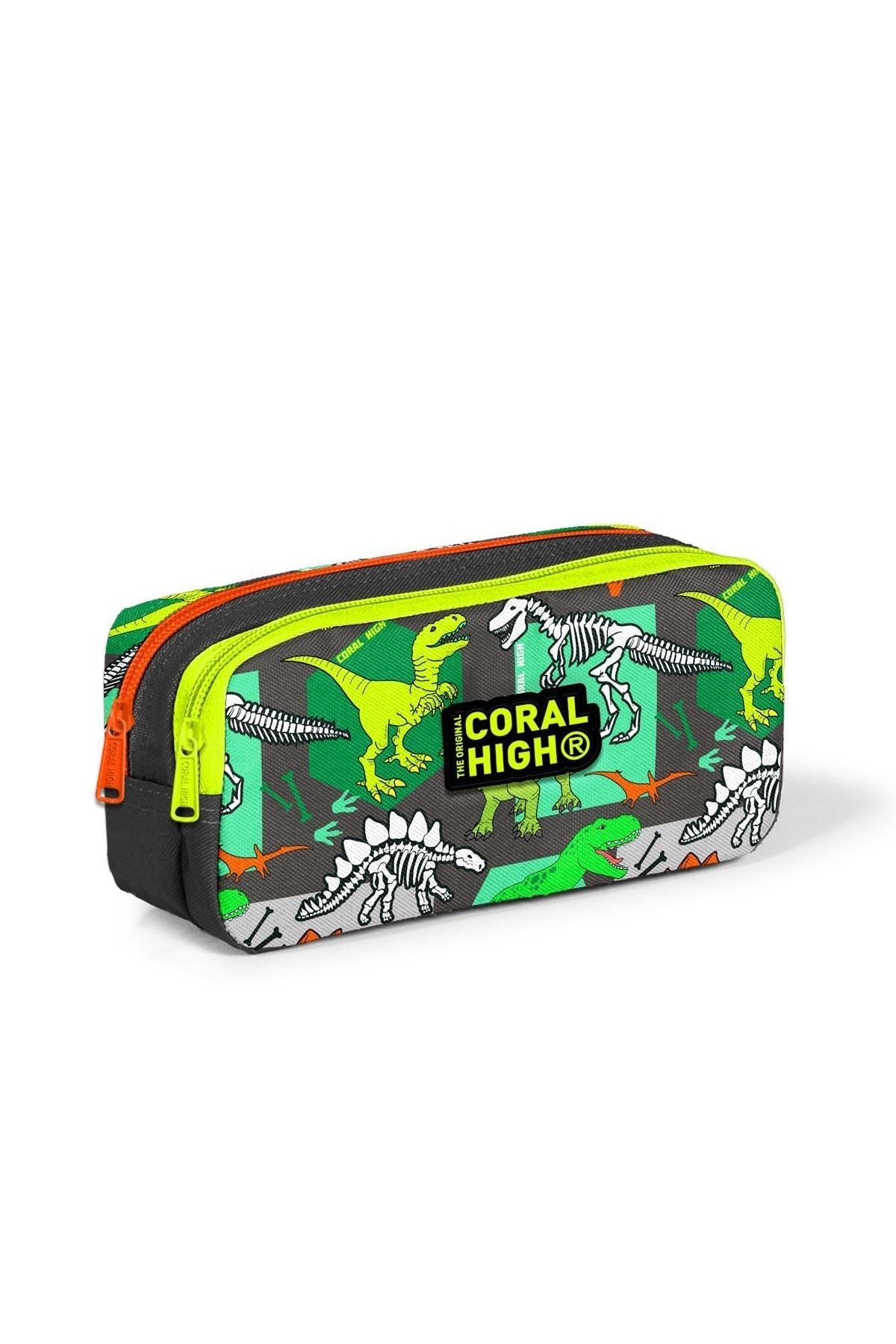 Coral High Kids Gri Yeşil Dinozor Desenli Iki Bölmeli Kalem Çantası 22165