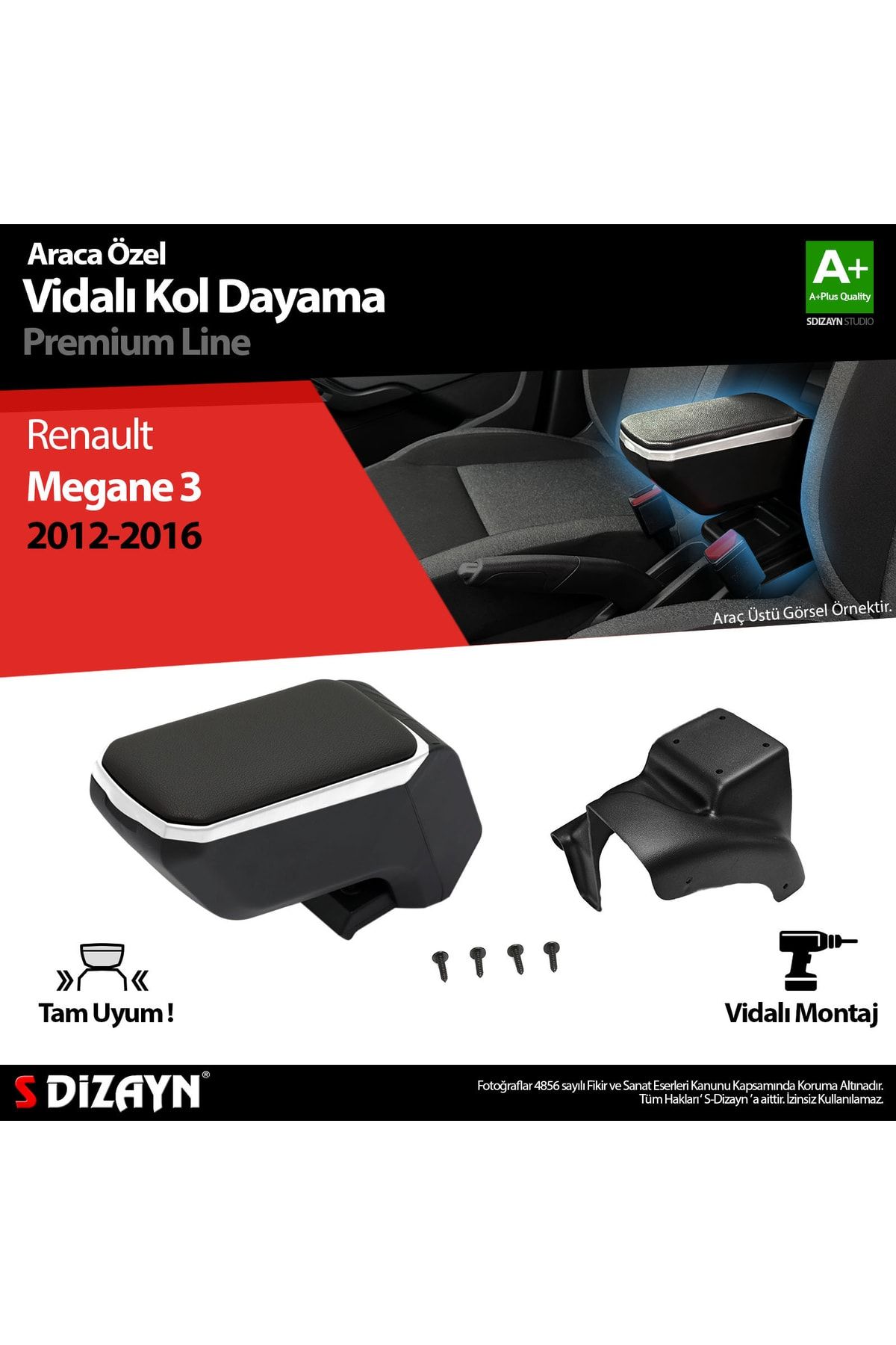 S Dizayn S-dizayn Renault Megane 3 Abs Vidalı Kol Dayama Kolçak Gri 2012-2016 A+kalite