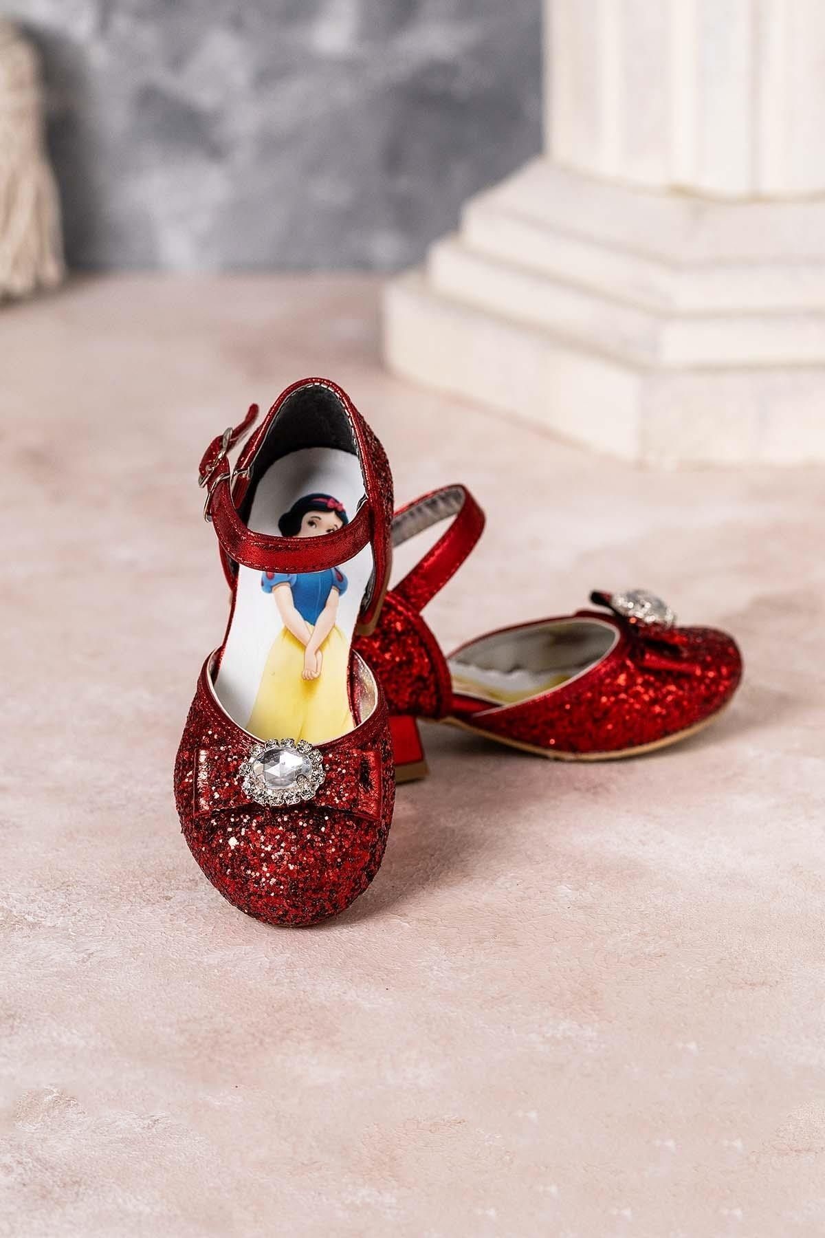 Genel Markalar Kız Çocuk Topuklu Pamuk Prenses Ayakkabı Simli Kırmızı