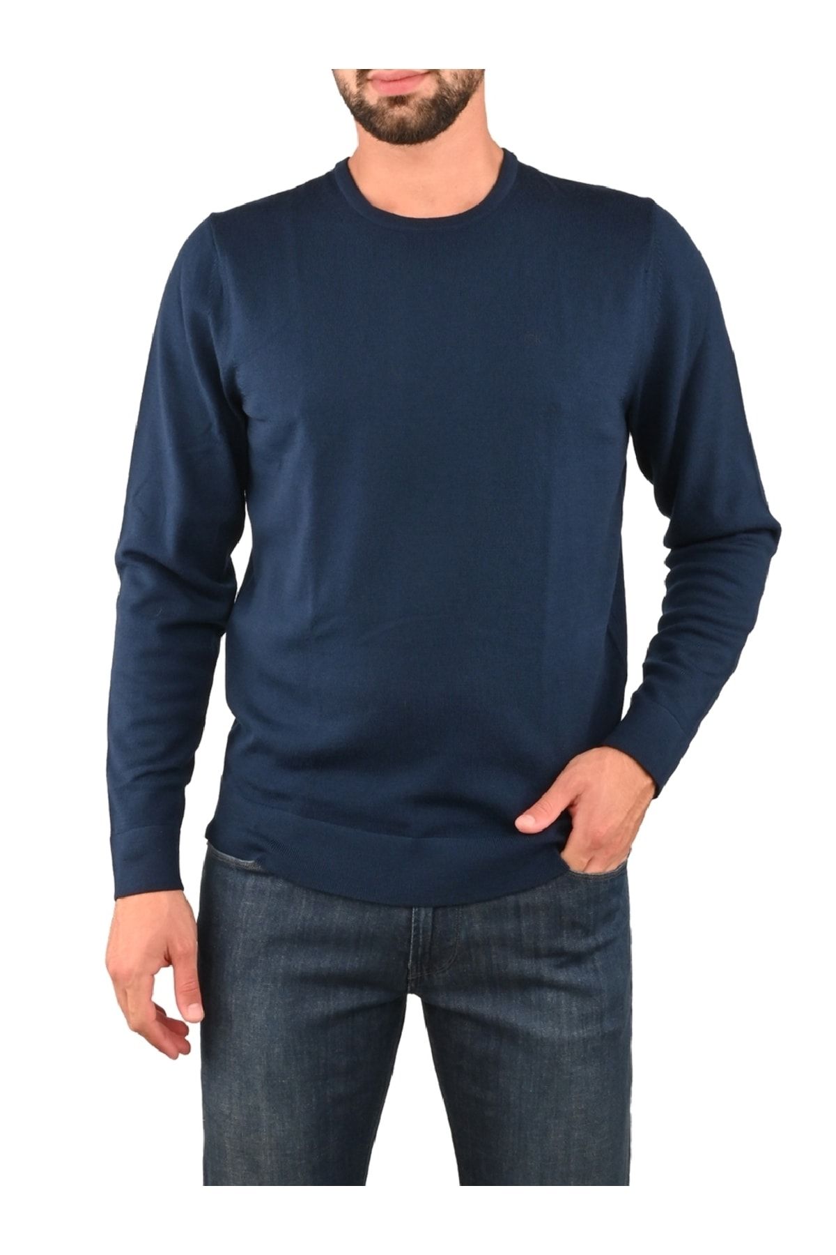Calvin Klein Erkek %100 Yün Marka Logolu Uzun Kollu Bisiklet Yaka Lacivert Sweatshirt K10k109474-dw4
