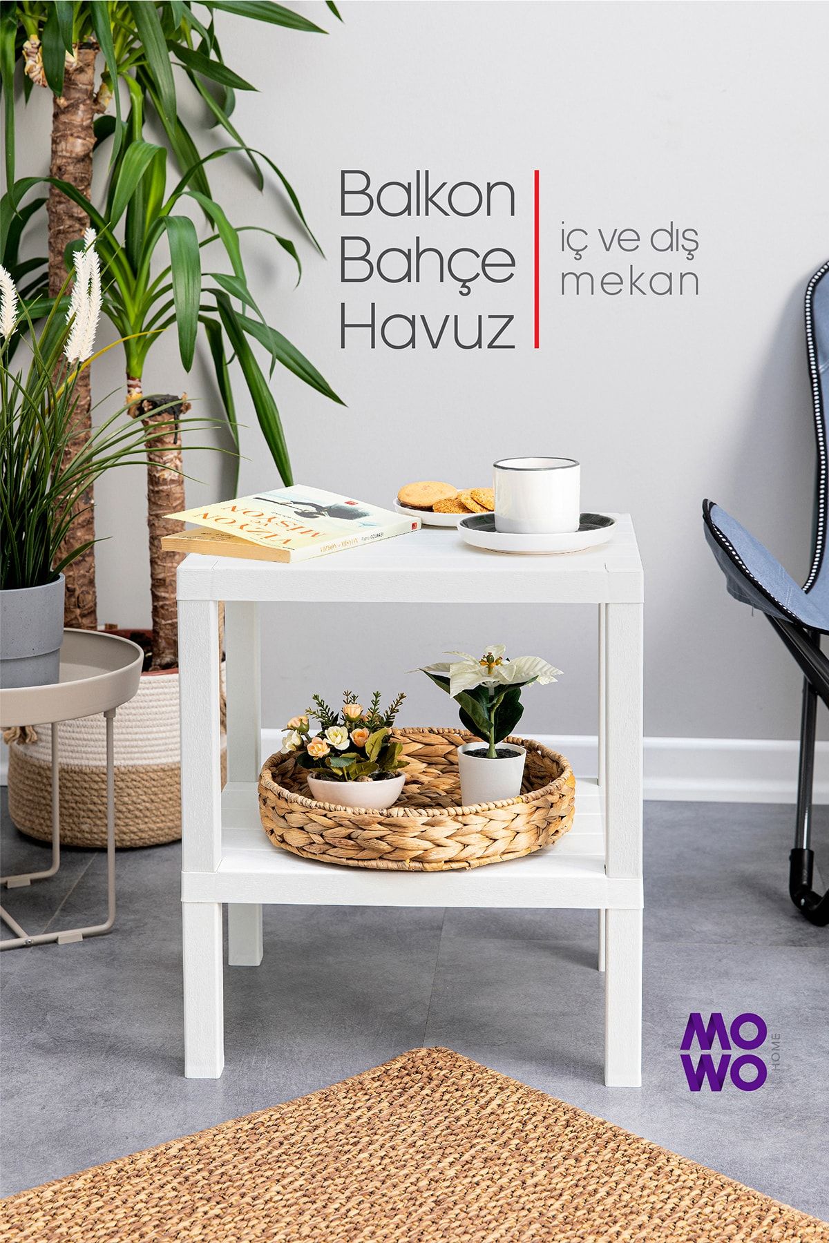 Mowo Home Shelf 2 Katlı Plastik Bahçe Sehpası, Gazetelikli Masa, Havuz, Plaj, Balkon, Banyo, Mutfak Sehpası