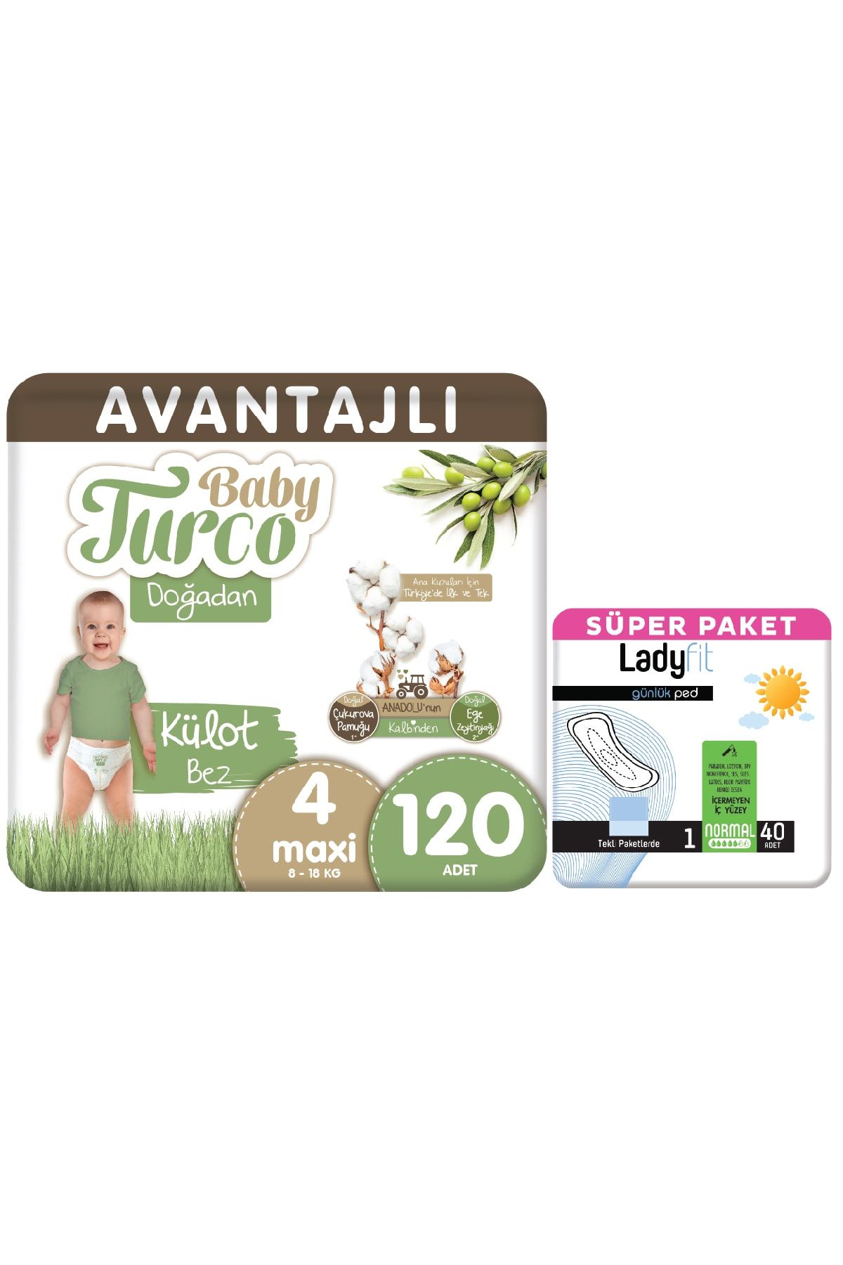 Baby Turco Doğadan Avantajlı Paket Külot Bez 4 Numara Maxi 120 Adet + Günlük Ped Normal 40 Adet