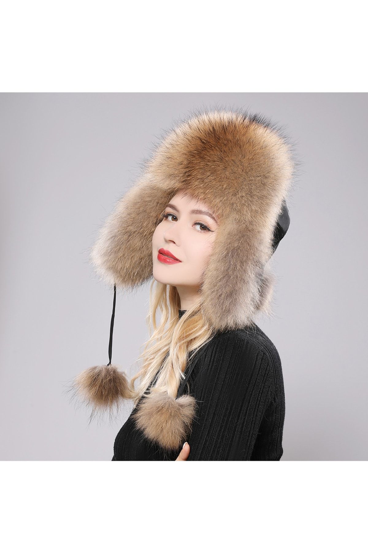SYNOPE Kürklü Şapka Kadın Rus Kalpağı Kar Kış Kayak Şapkası Pofidik Tüylü Şapka