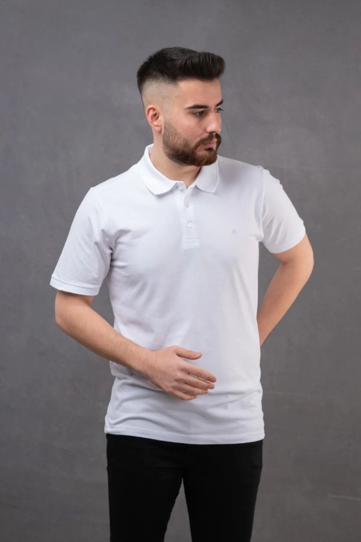 EKZMODA Regular Erkek Beyaz Dar/slim Fitt Polo Yaka T-shirt - Erkek T-shirt - Beyaz Tisort