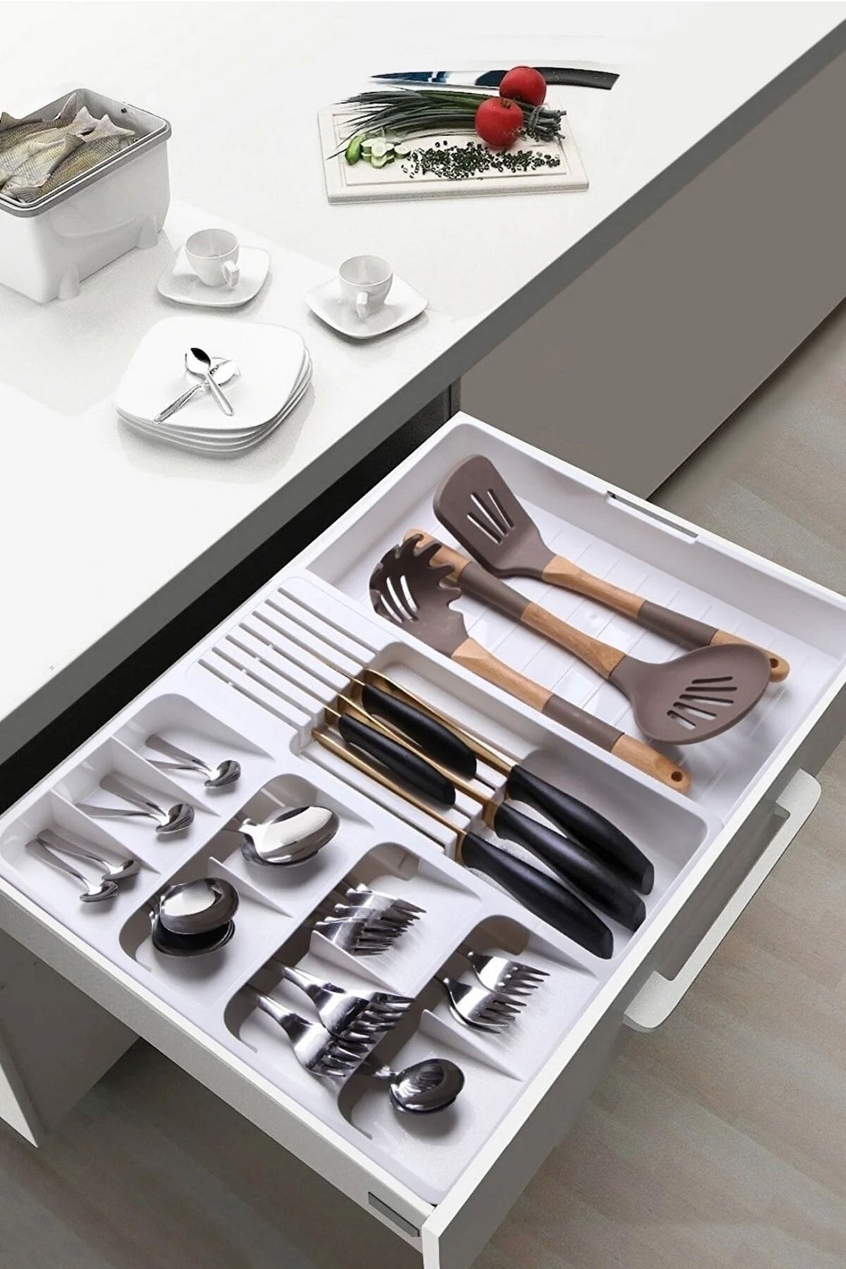 Open Home Concept Maxi Ayarlanabilir Kayar Kızaklı Çekmece Içi Bıçaklık & Kaşıklık Beyaz