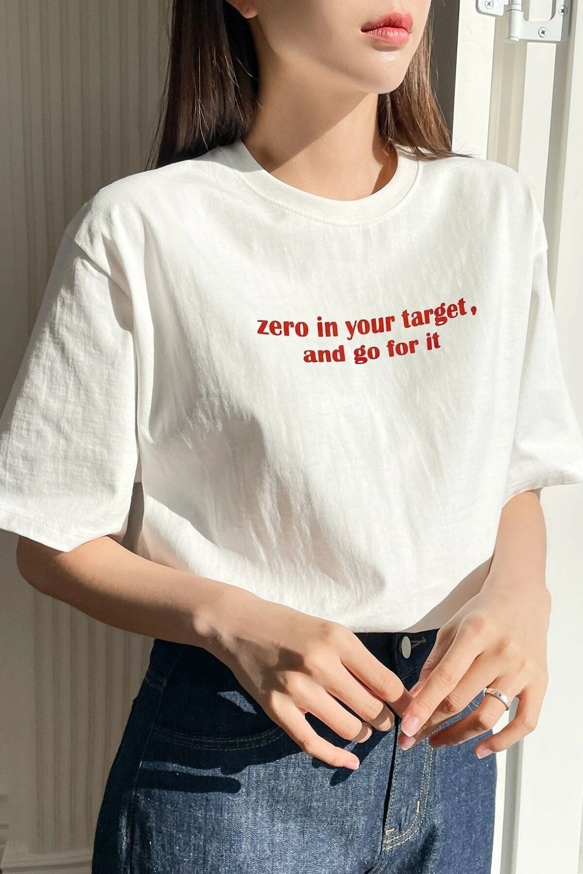 MODAGEN Unisex Beyaz Zero In Your Baskılı Oversize T-shirt