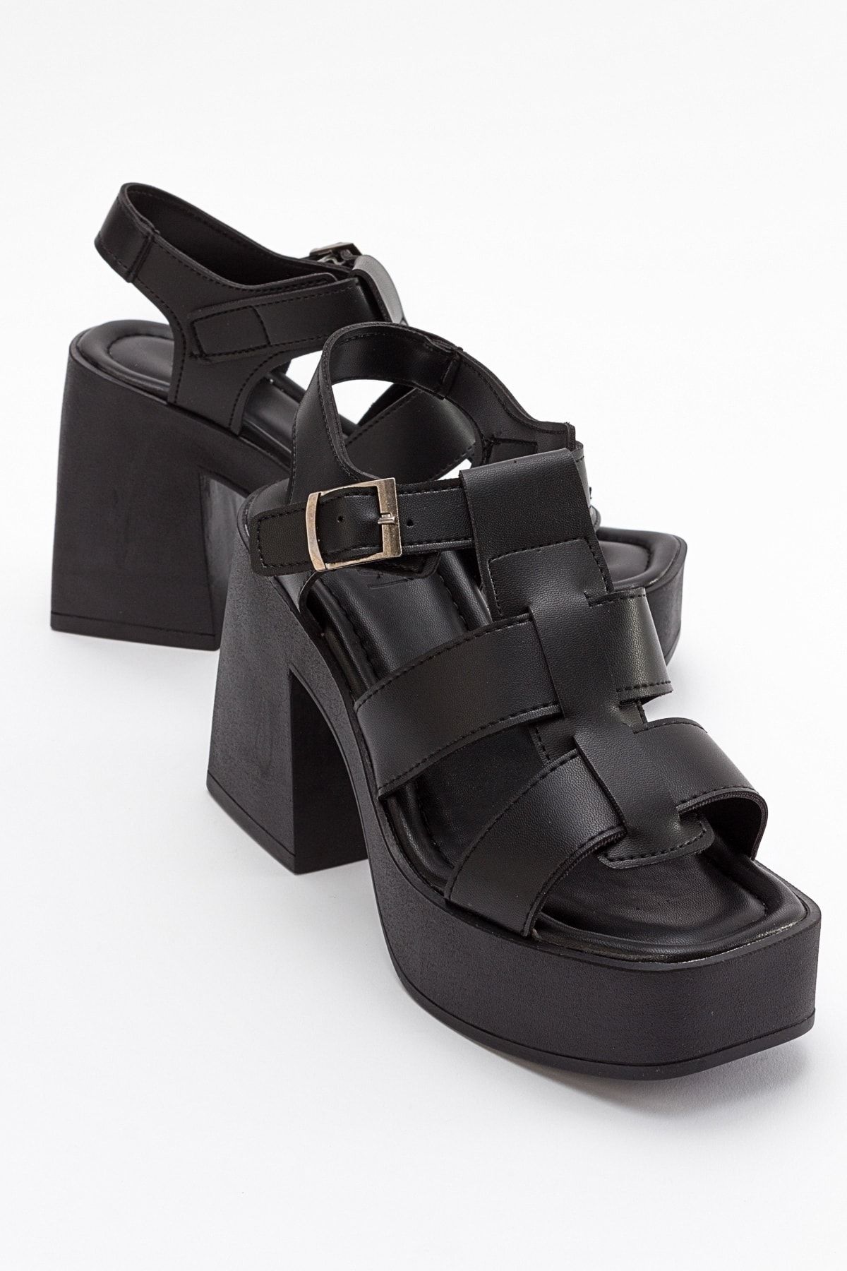 luvishoes Prek Siyah Cilt Kadın Topuklu Sandalet