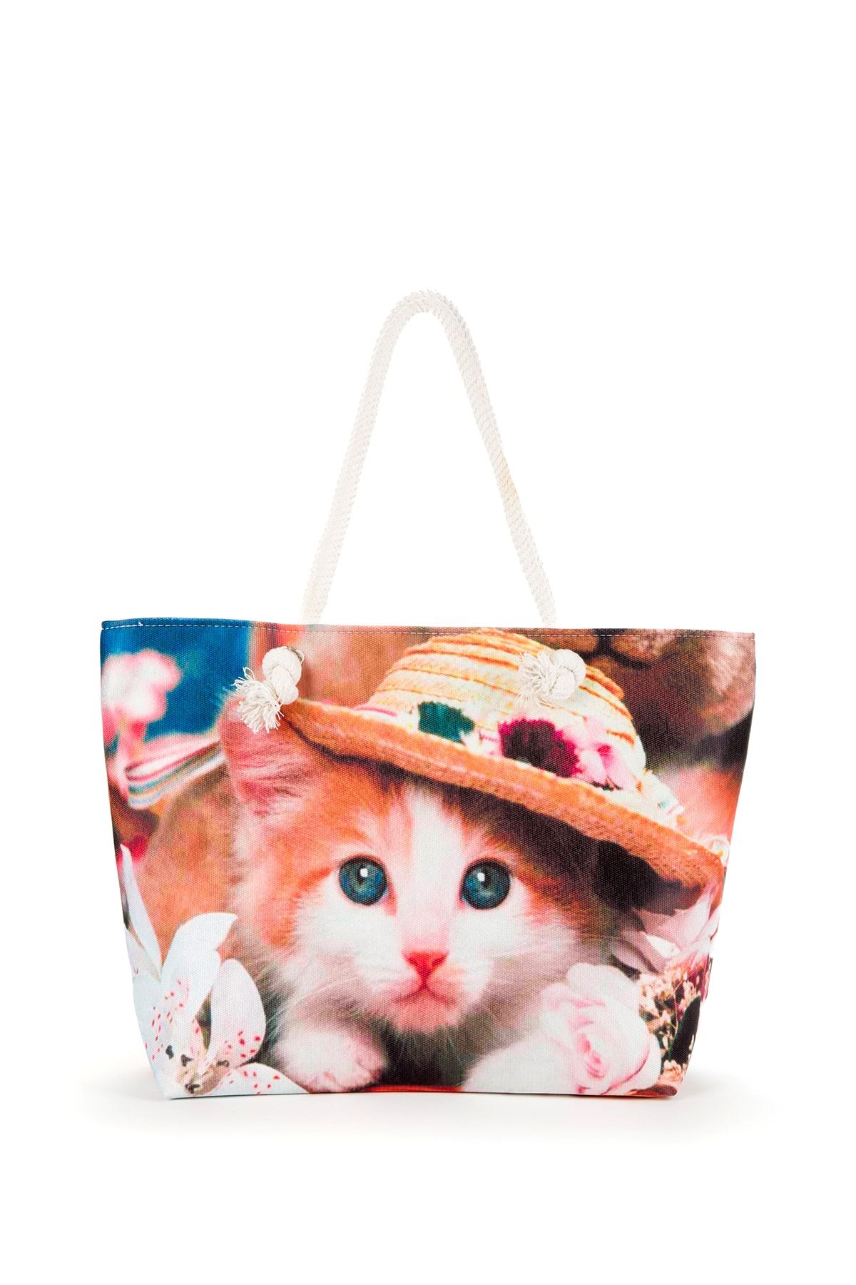 BAGzy Şapkalı Kedi Desenli Fermuarlı Ip Askılı Kadın Plaj Çantası